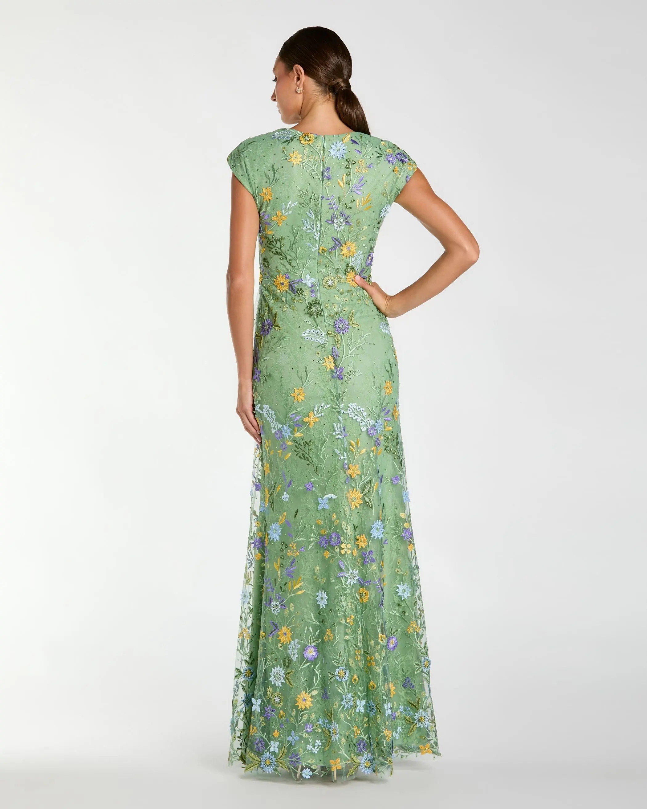 Green Faux Wrap Embroidered Cap Sleeve Gown - Image 3