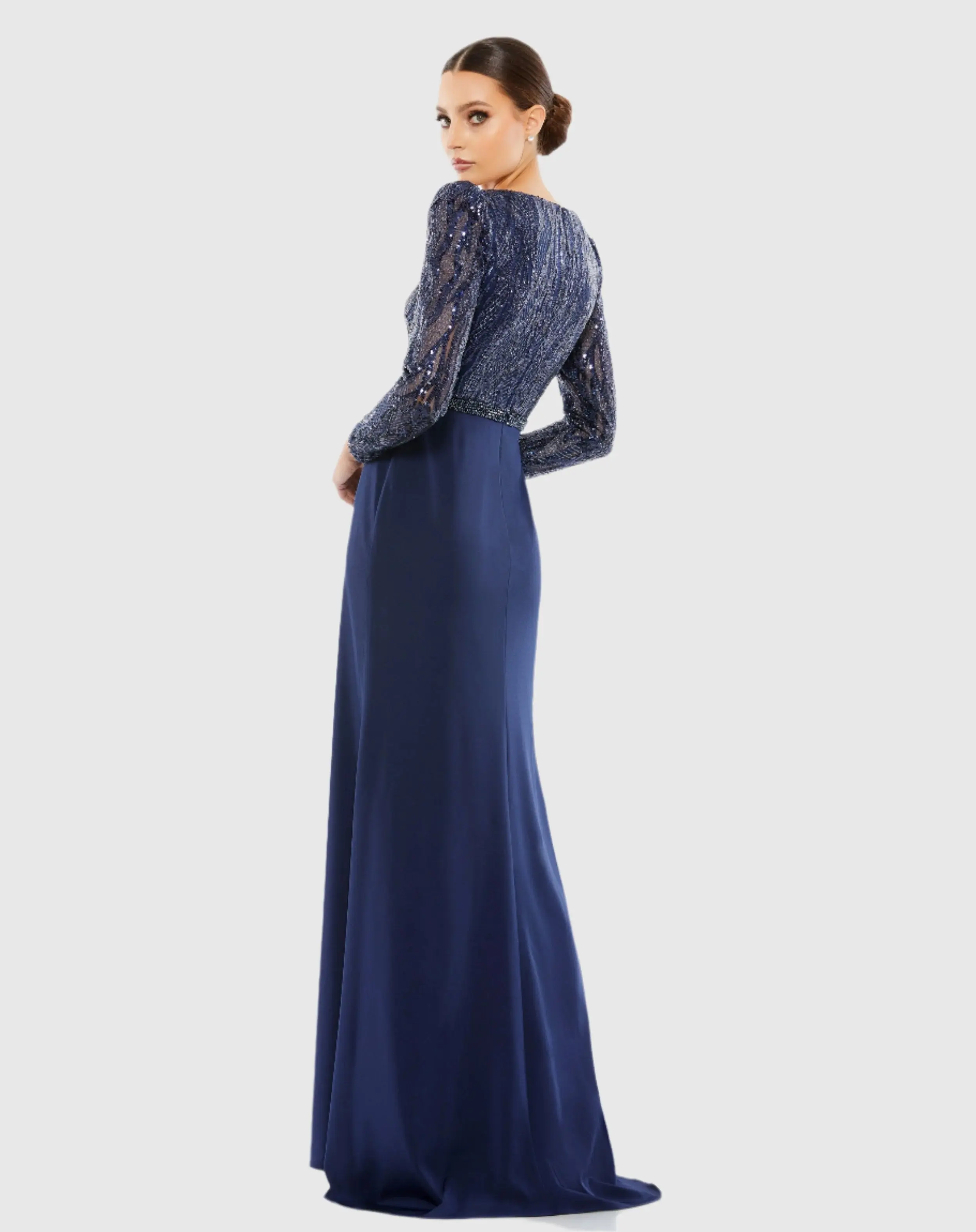 Navy Embellished Long Sleeve Bodice Column Gown - Image 3