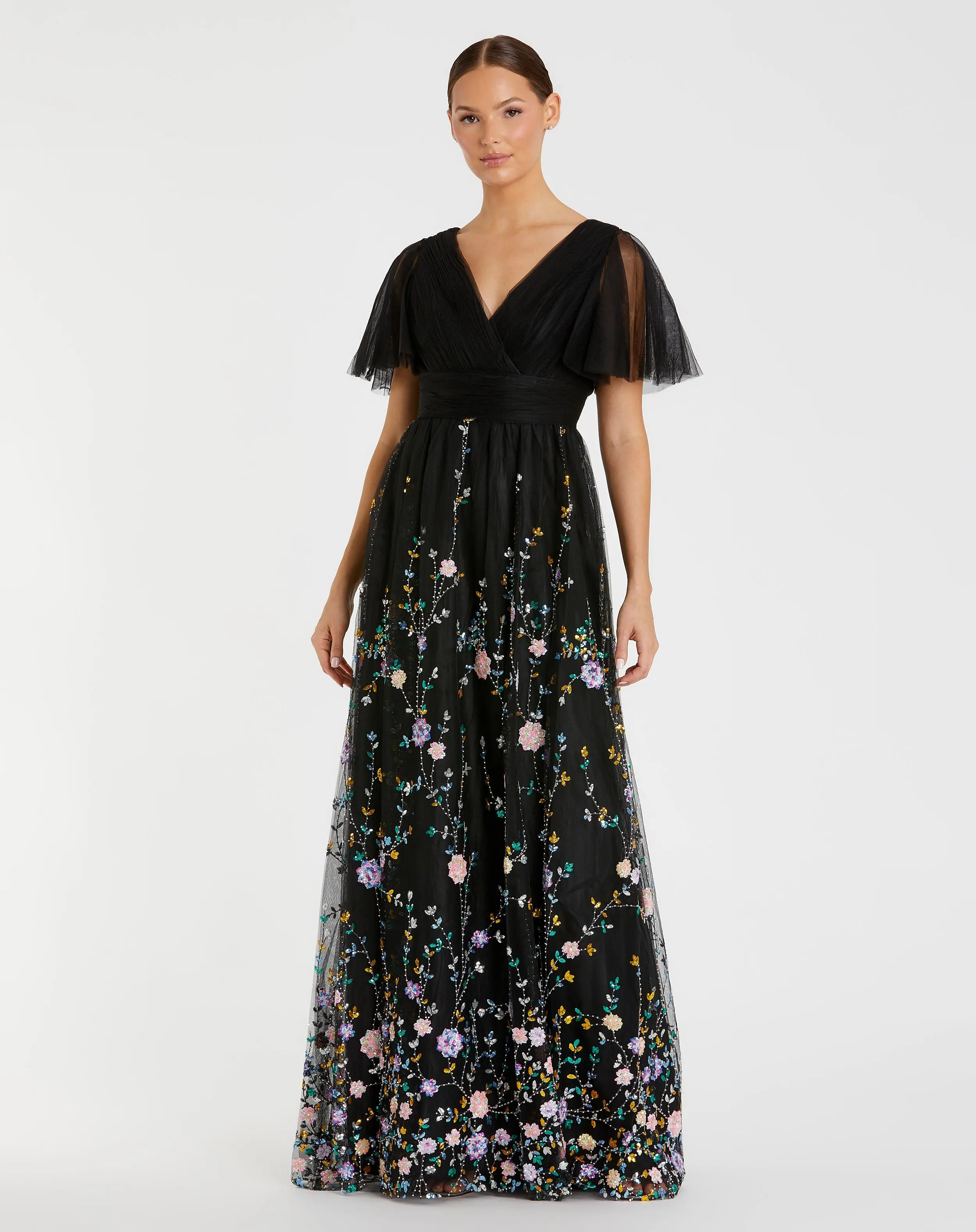 Black Embroidered Butterfly Sleeve Empire Waist Dress