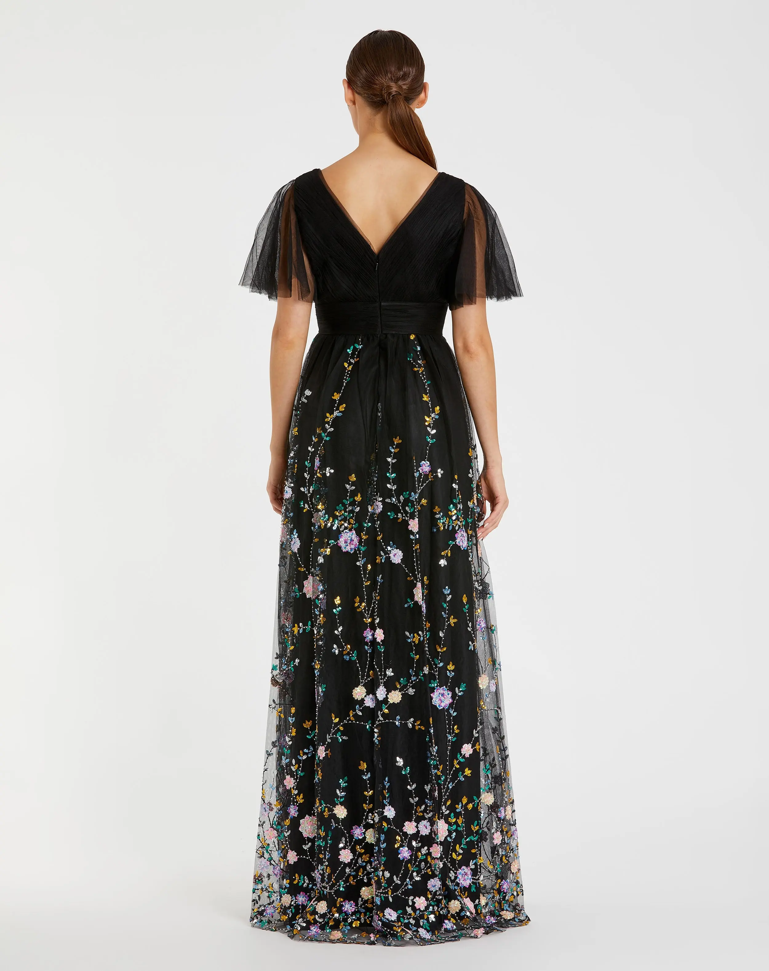Black Embroidered Butterfly Sleeve Empire Waist Dress - Image 3