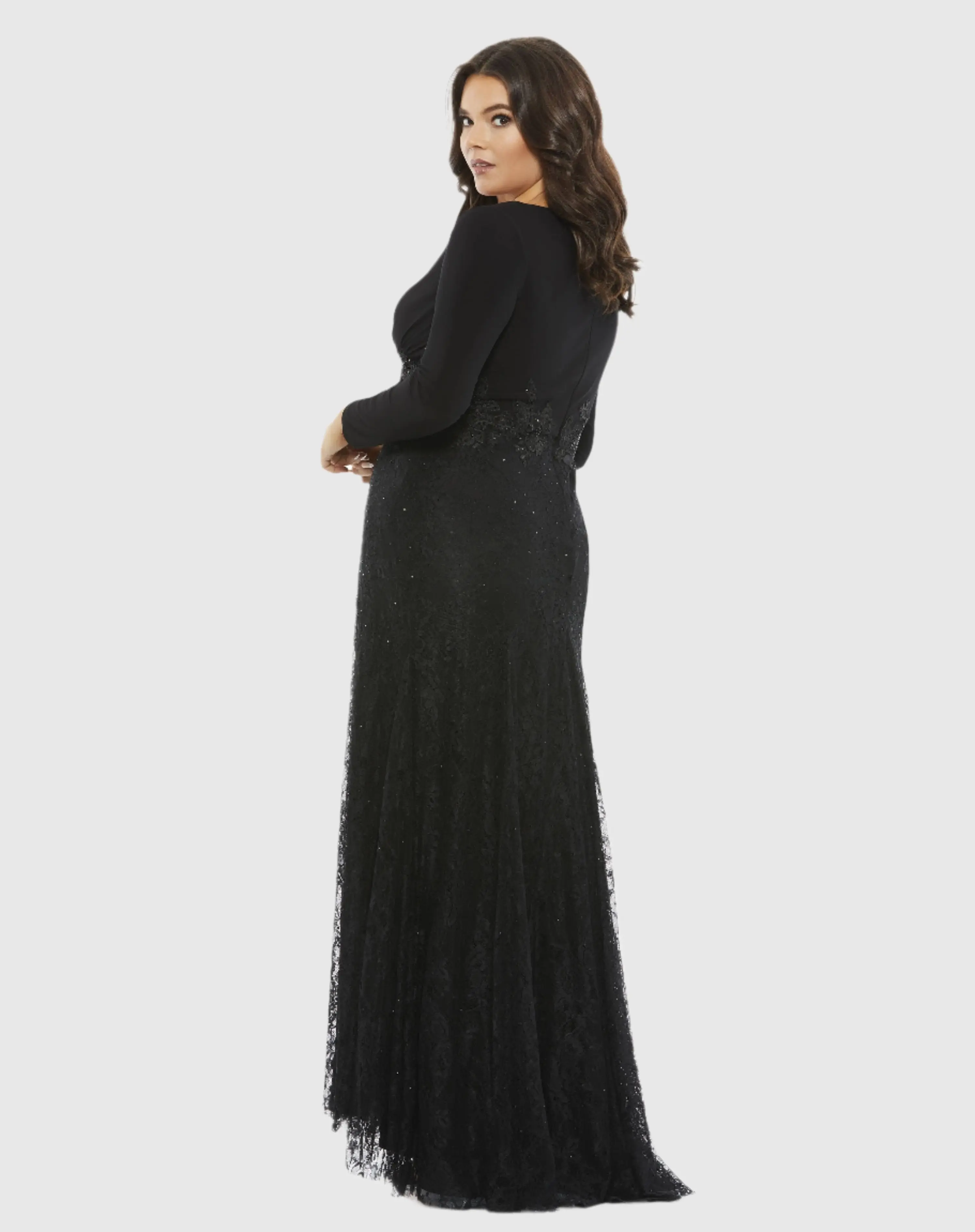 Black Wrap Over Long Sleeve Lace Applique Trumpet Gown (Plus) - Image 3