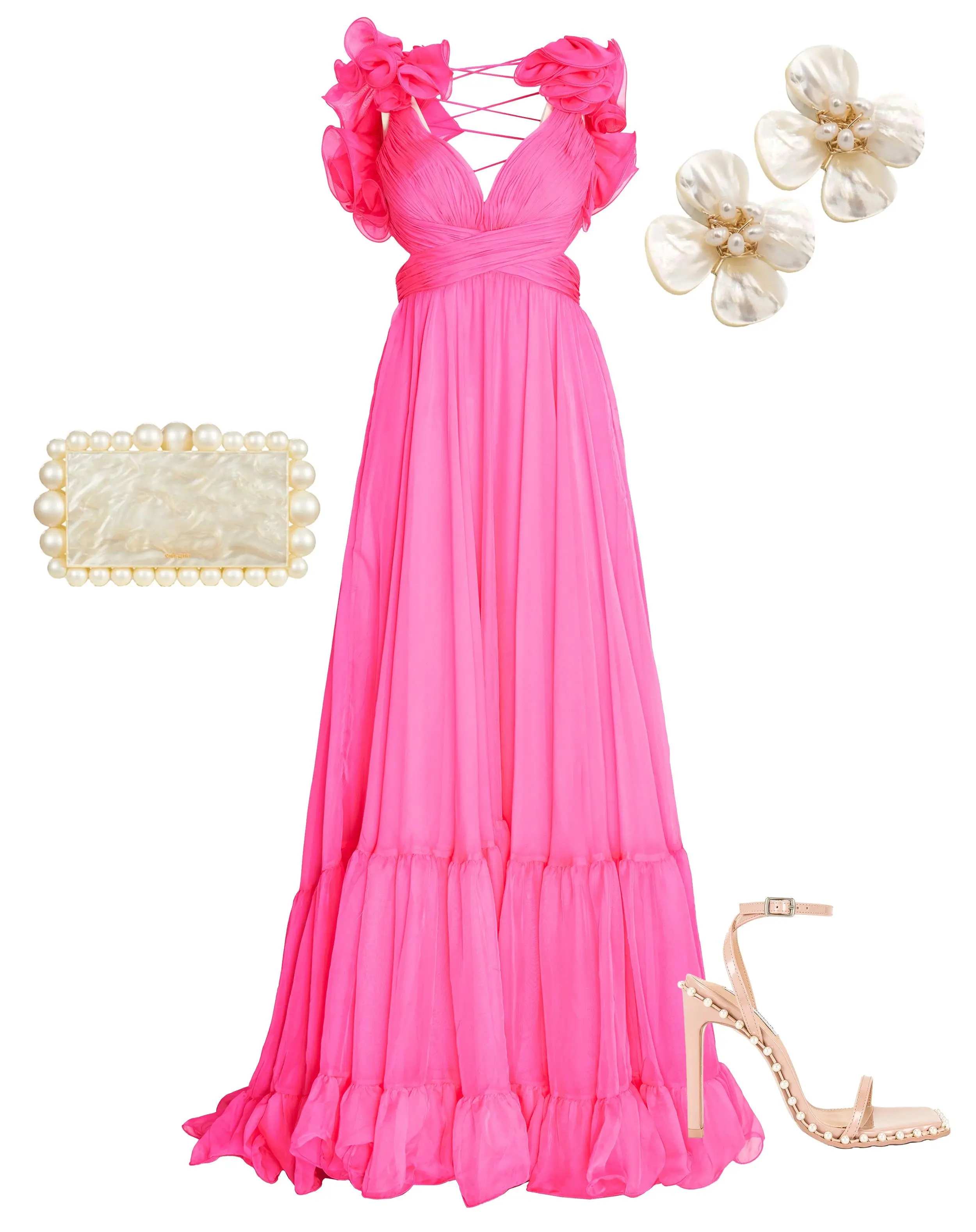 Dark Pink Ruffle Tiered Cut-Out Chiffon Gown - FINAL SALE - Image 4