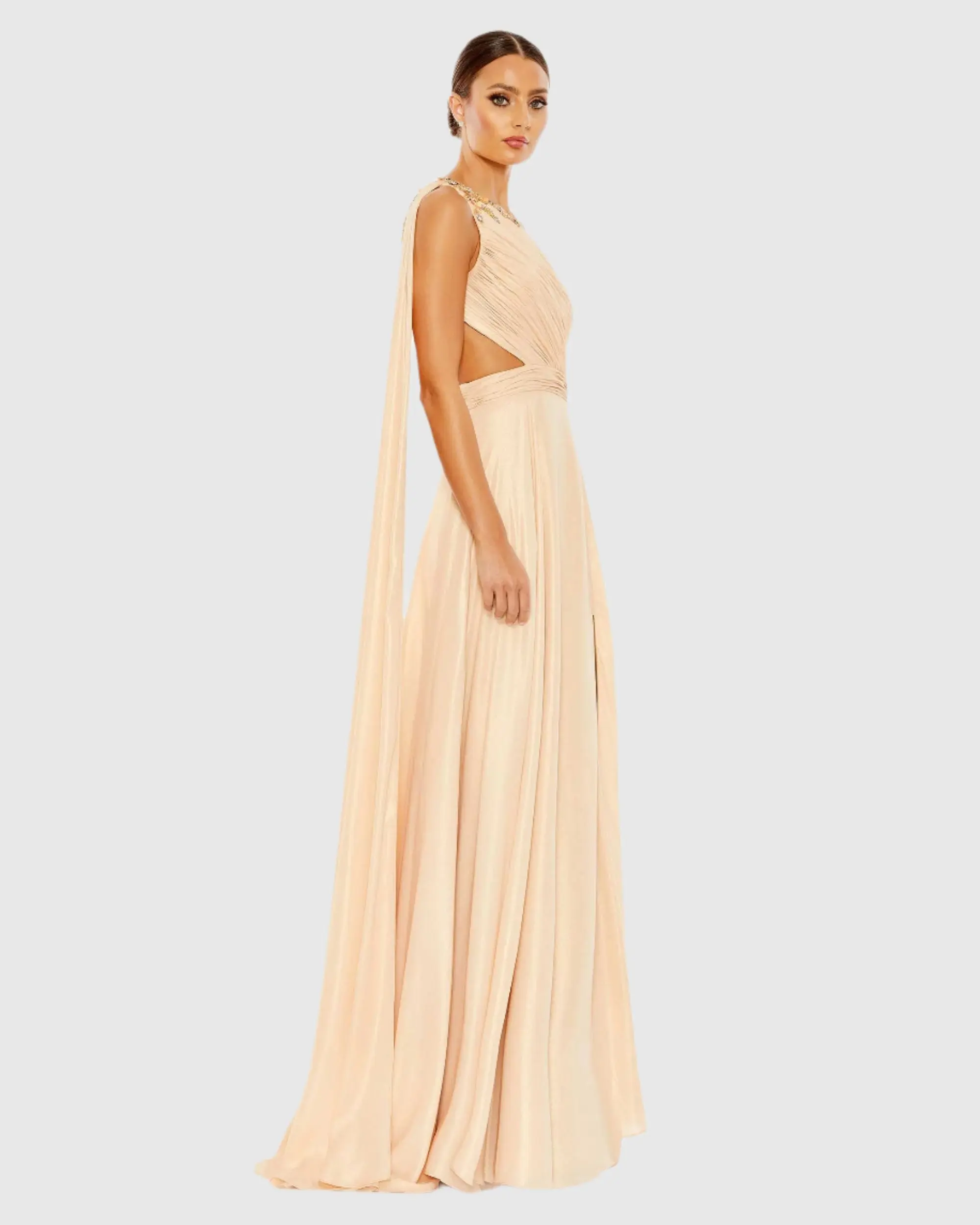 Beige One Shoulder Open Back Flowy Gown - Image 3