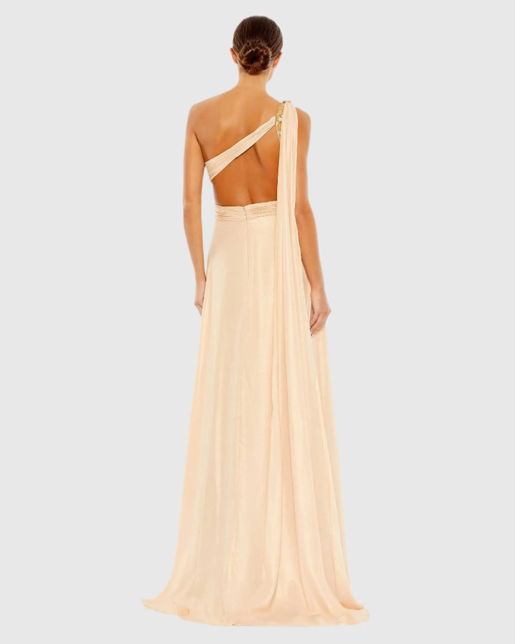Beige One Shoulder Open Back Flowy Gown - Image 4