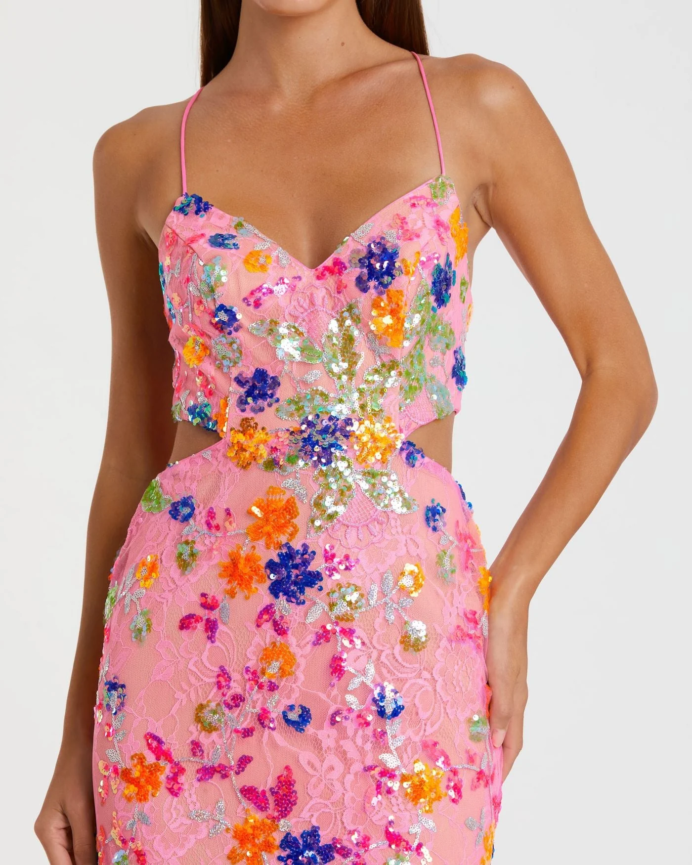 Pink Embellished Lace Strappy Column Gown - Image 2