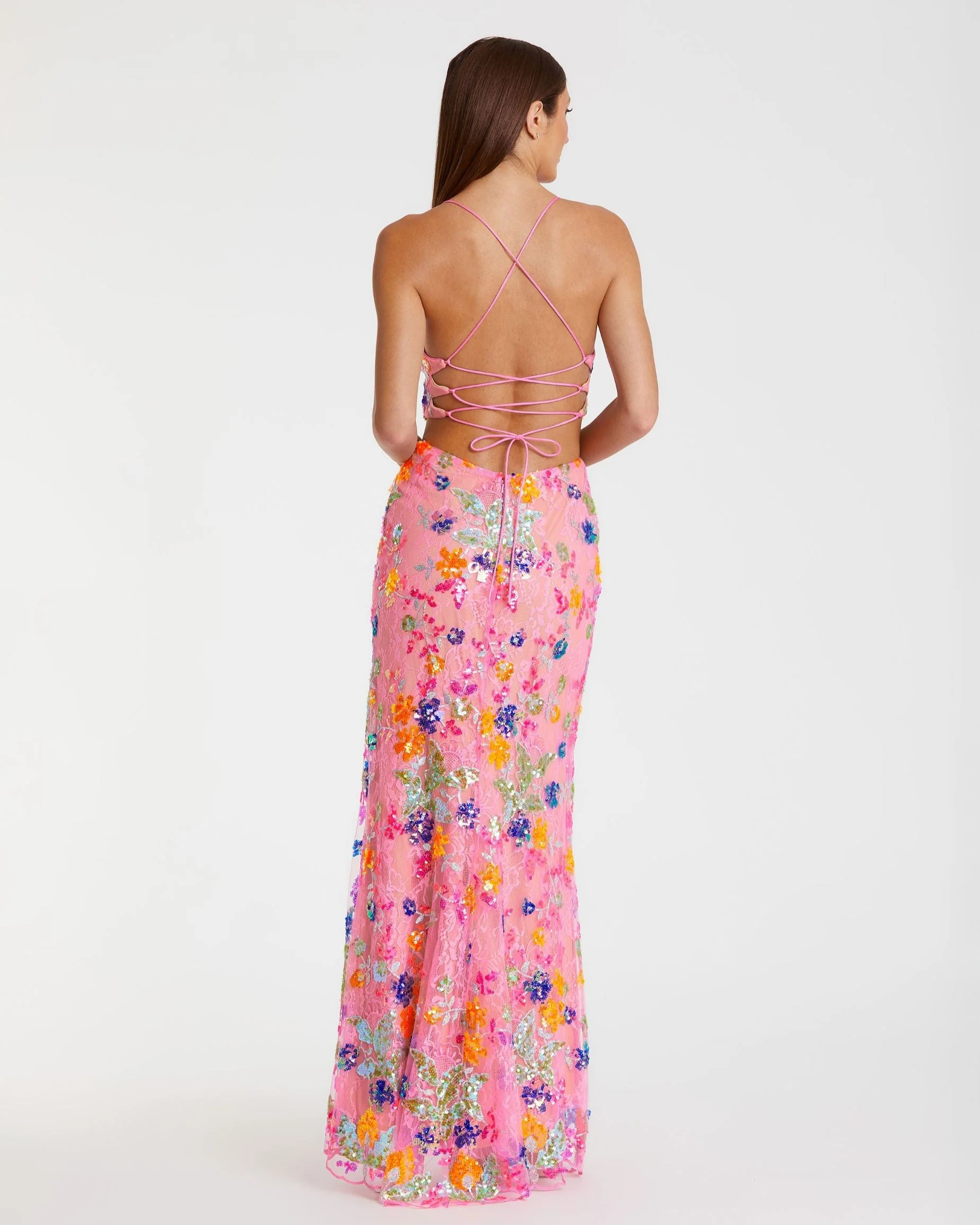 Pink Embellished Lace Strappy Column Gown - Image 3