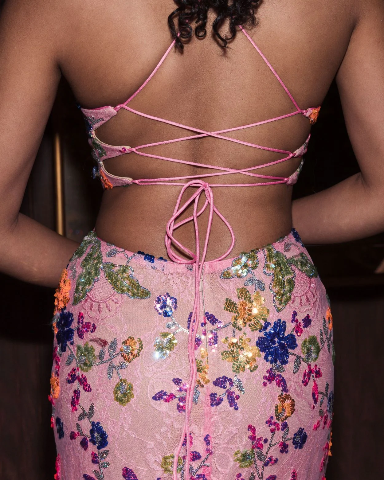 Pink Embellished Lace Strappy Column Gown - Image 5