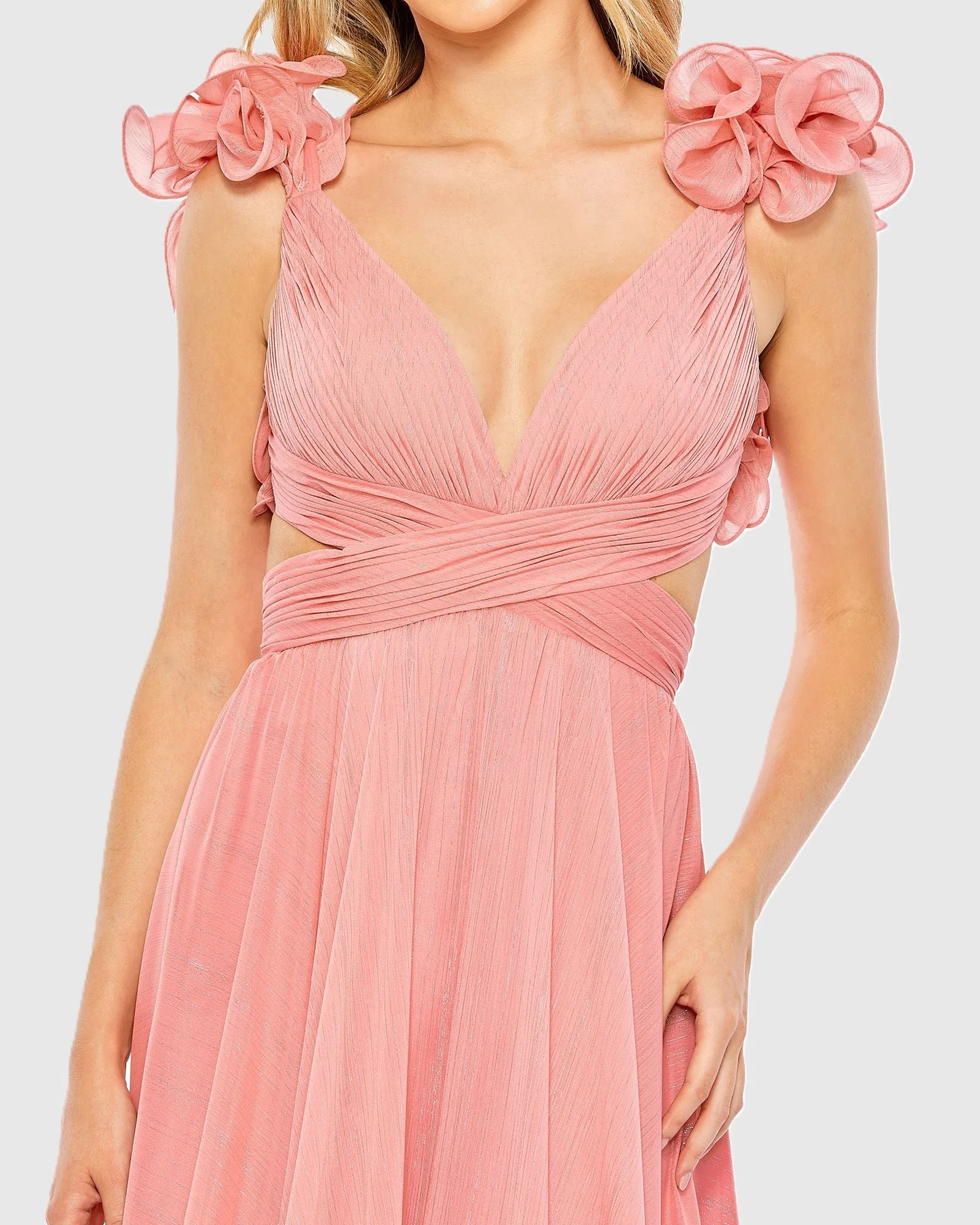 Pink Ruffle Sleeve V Neck A Line Gown - Image 2