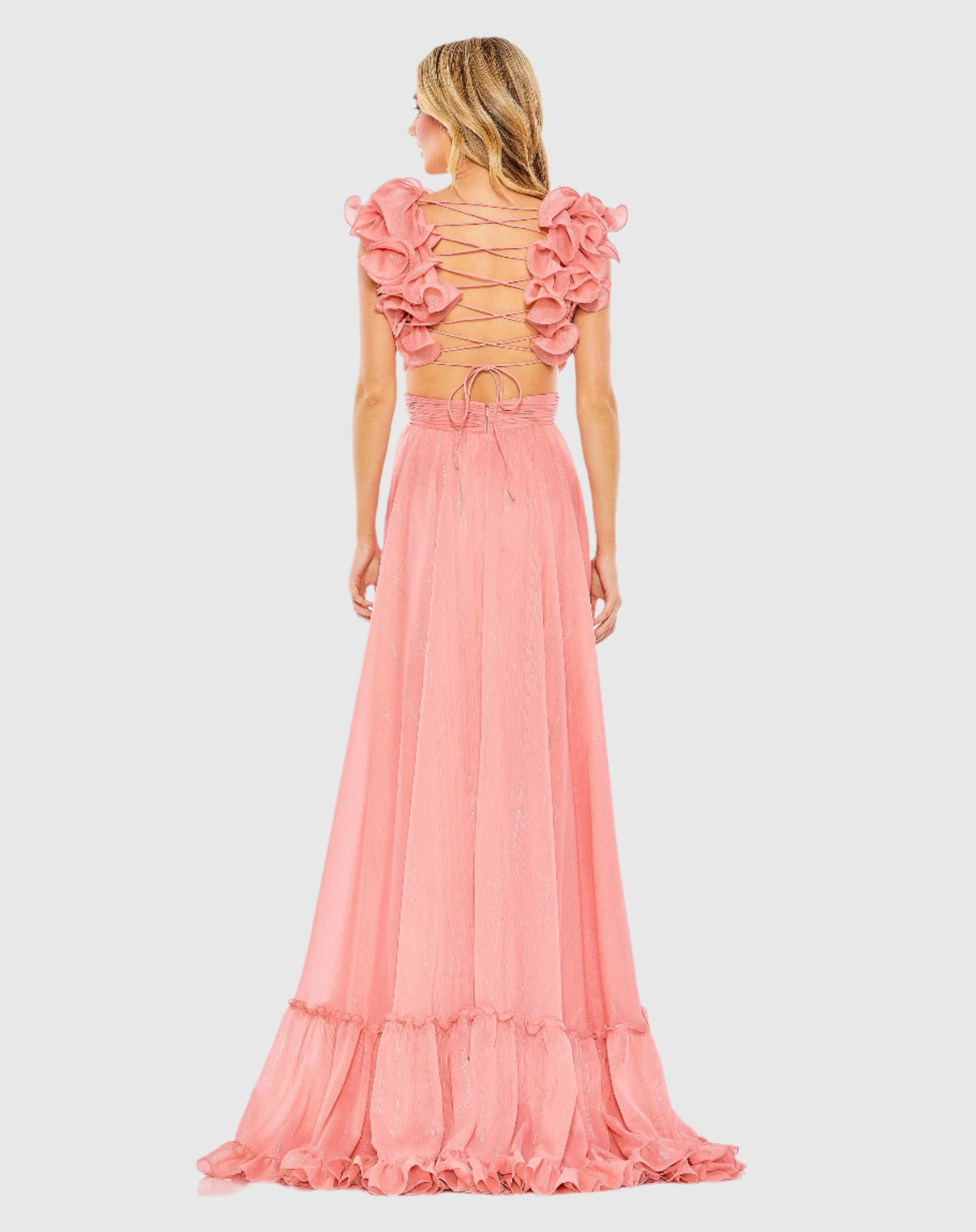 Pink Ruffle Sleeve V Neck A Line Gown - Image 3