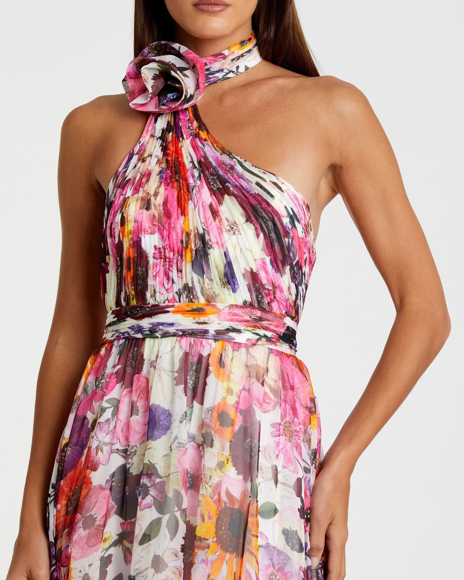 Multicolor Asymmetrical Ruffled Halter Floral Gown - Image 2