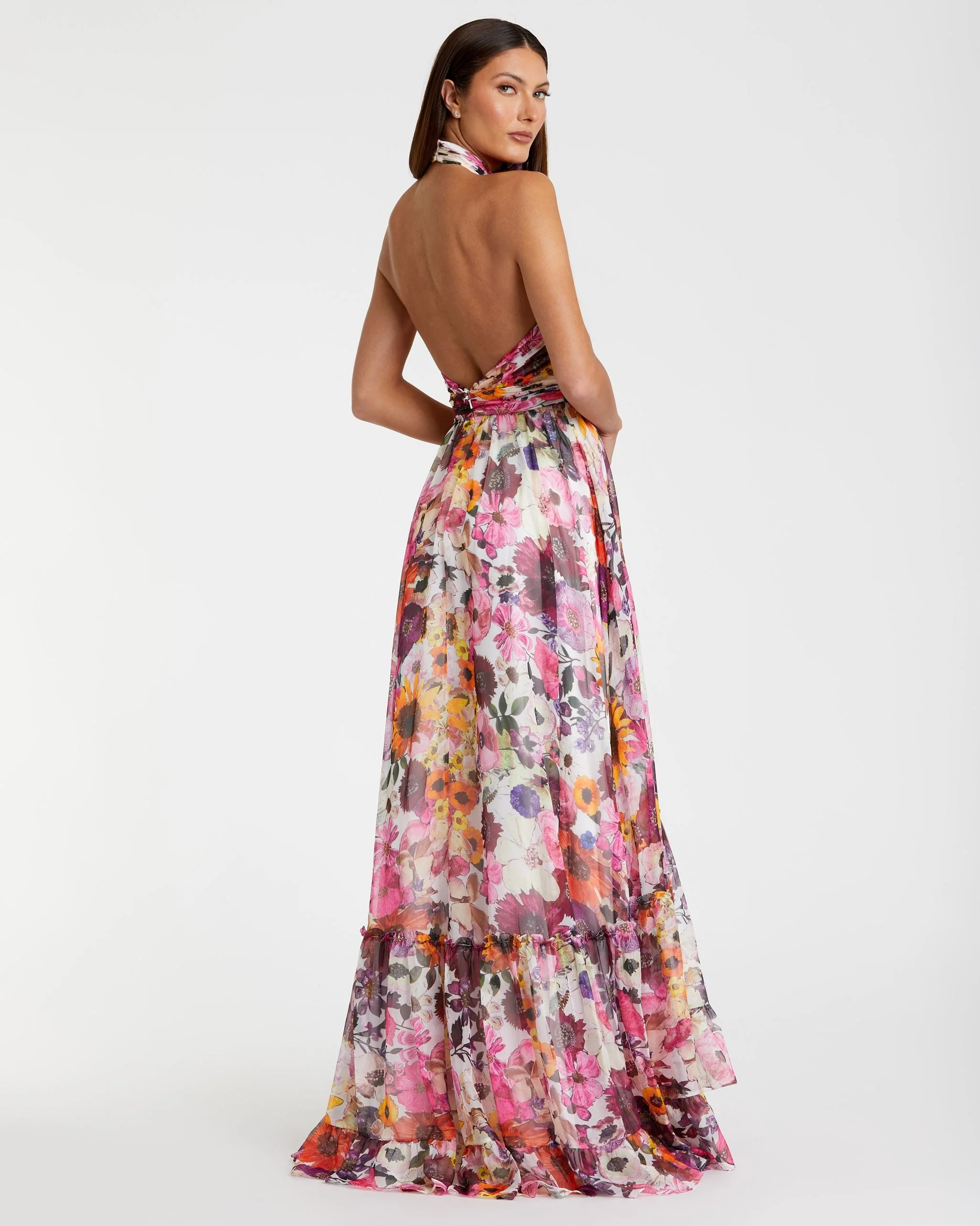 Multicolor Asymmetrical Ruffled Halter Floral Gown - Image 3