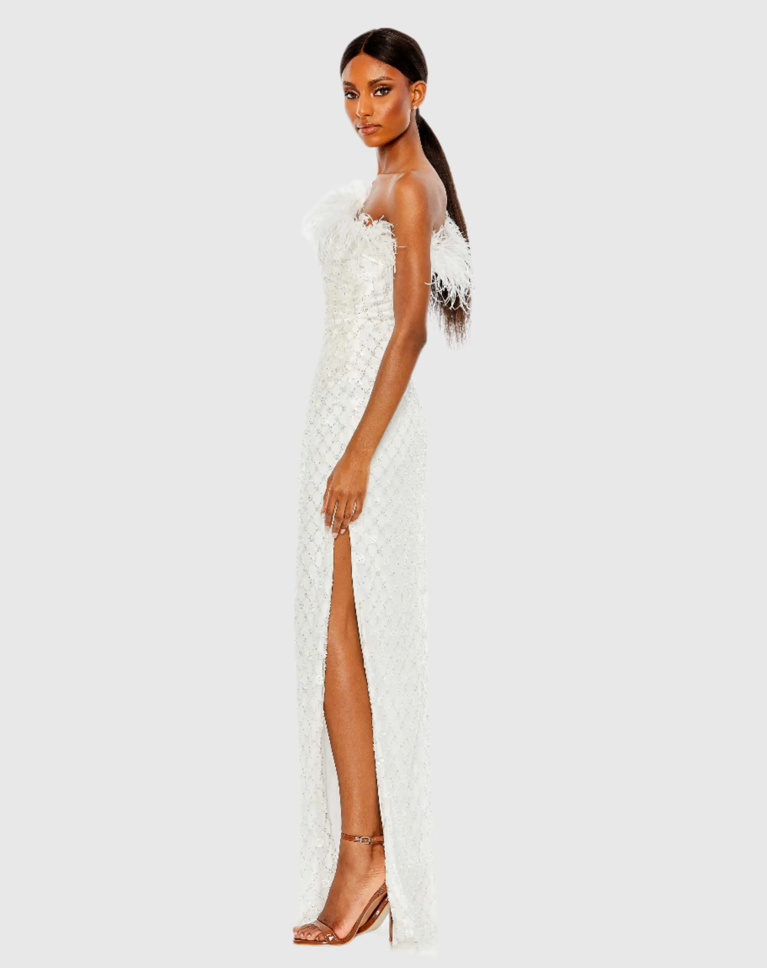 White Embellished One Shoulder Gown w/ Ostrich Feathers - FINAL SALE - Image 3
