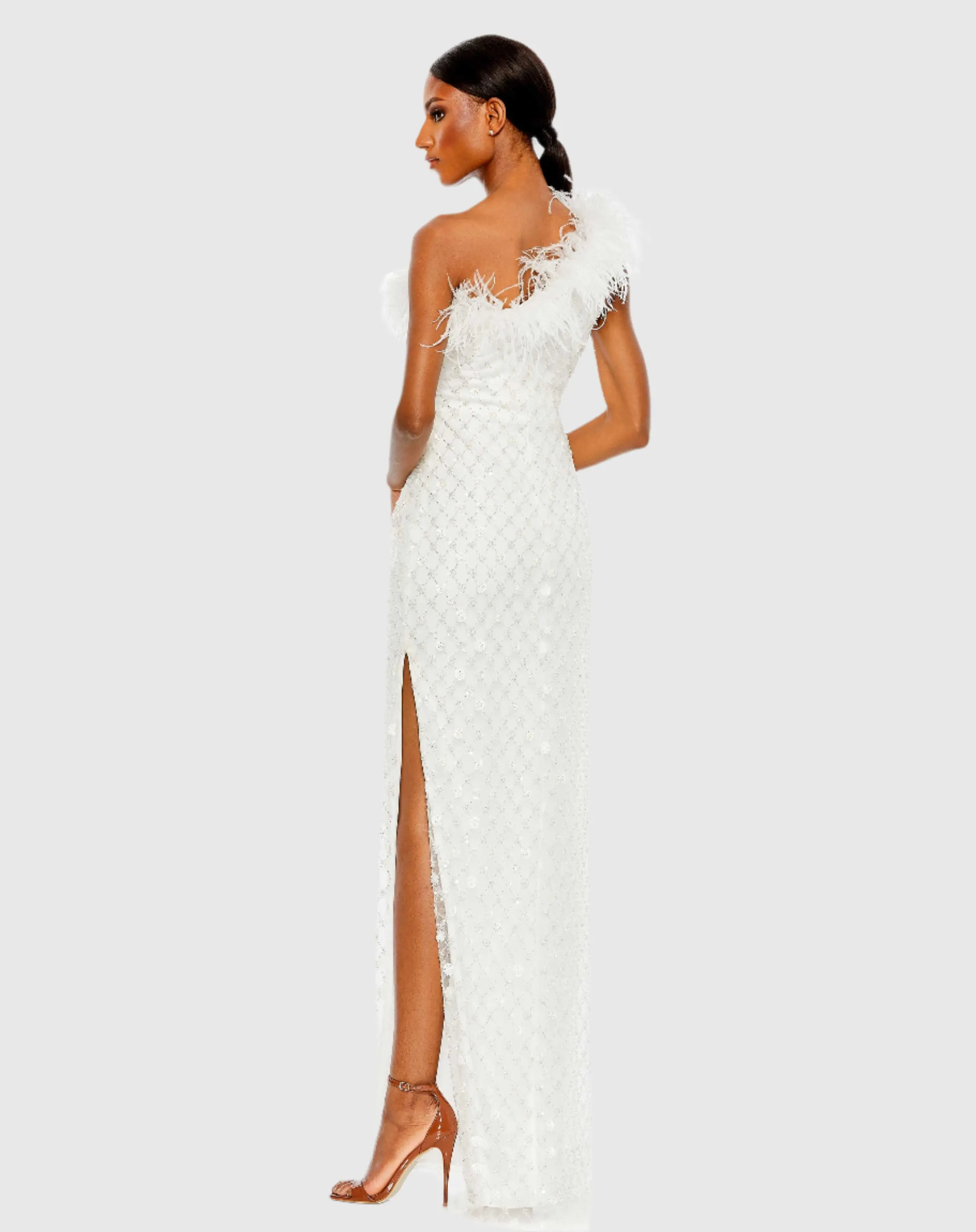 White Embellished One Shoulder Gown w/ Ostrich Feathers - FINAL SALE - Image 4