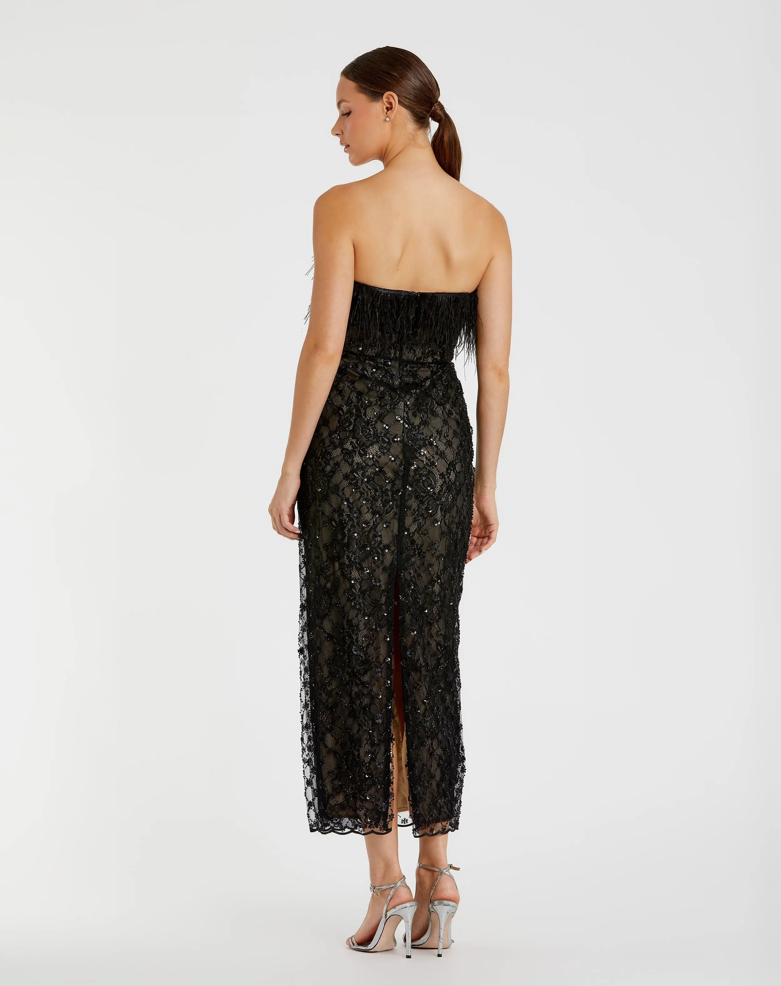 Black Embellished Feather Strapless Column Dress - Image 3