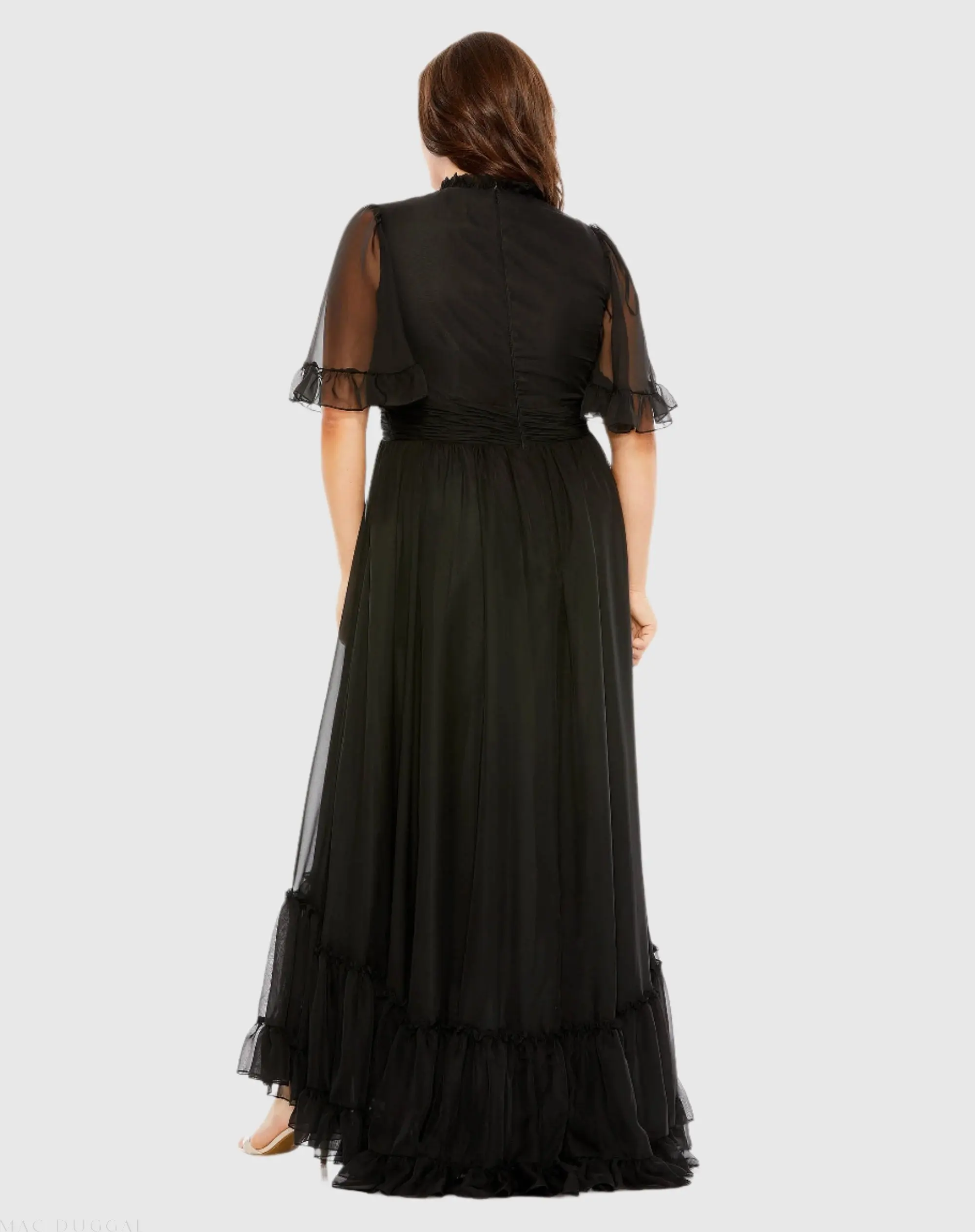 Black Ruffle Tiered High Low Flutter Sleeve Gown (Plus) - Image 3