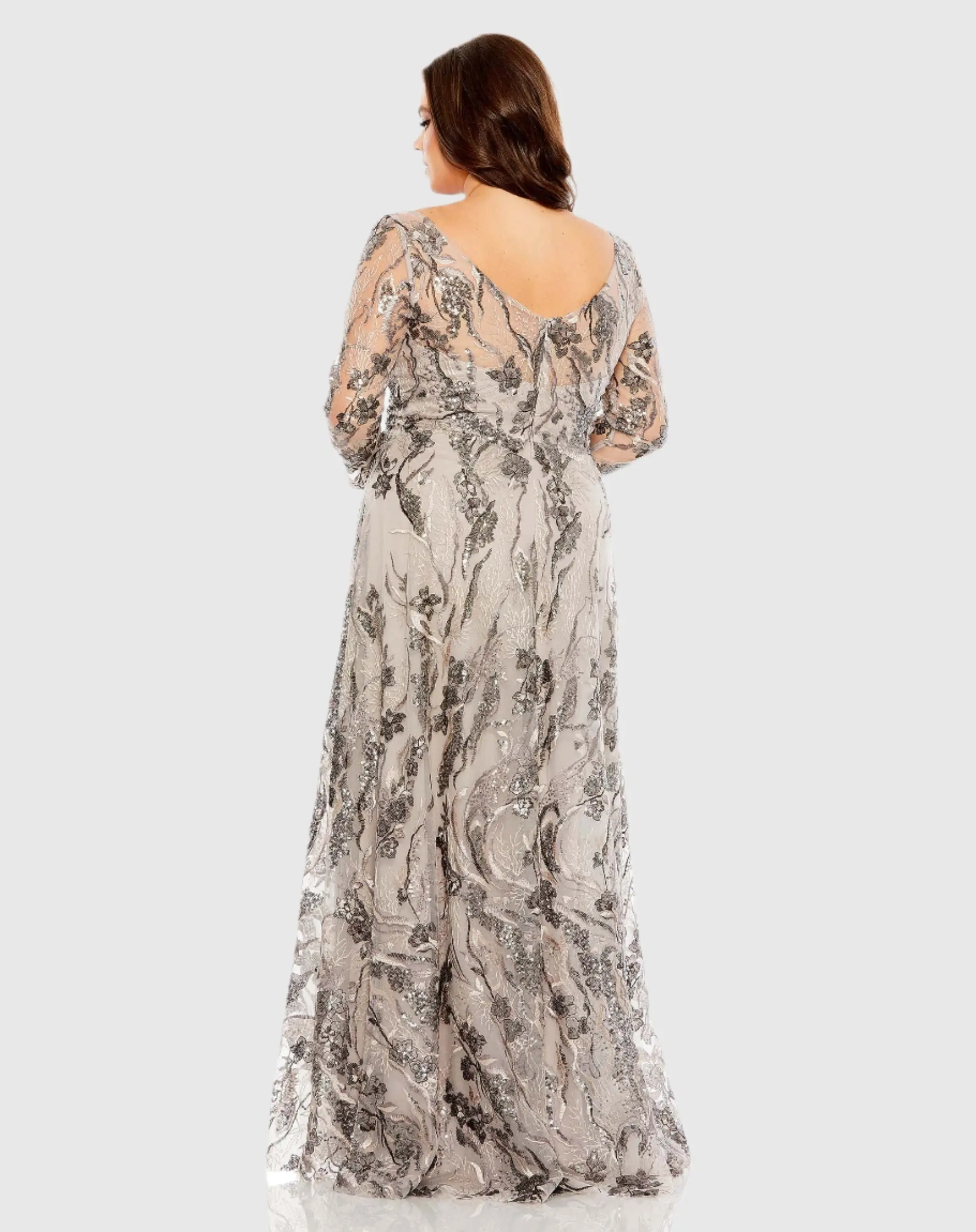 Beige Embroidered Long Sleeve A Line Gown (Plus) - Image 3