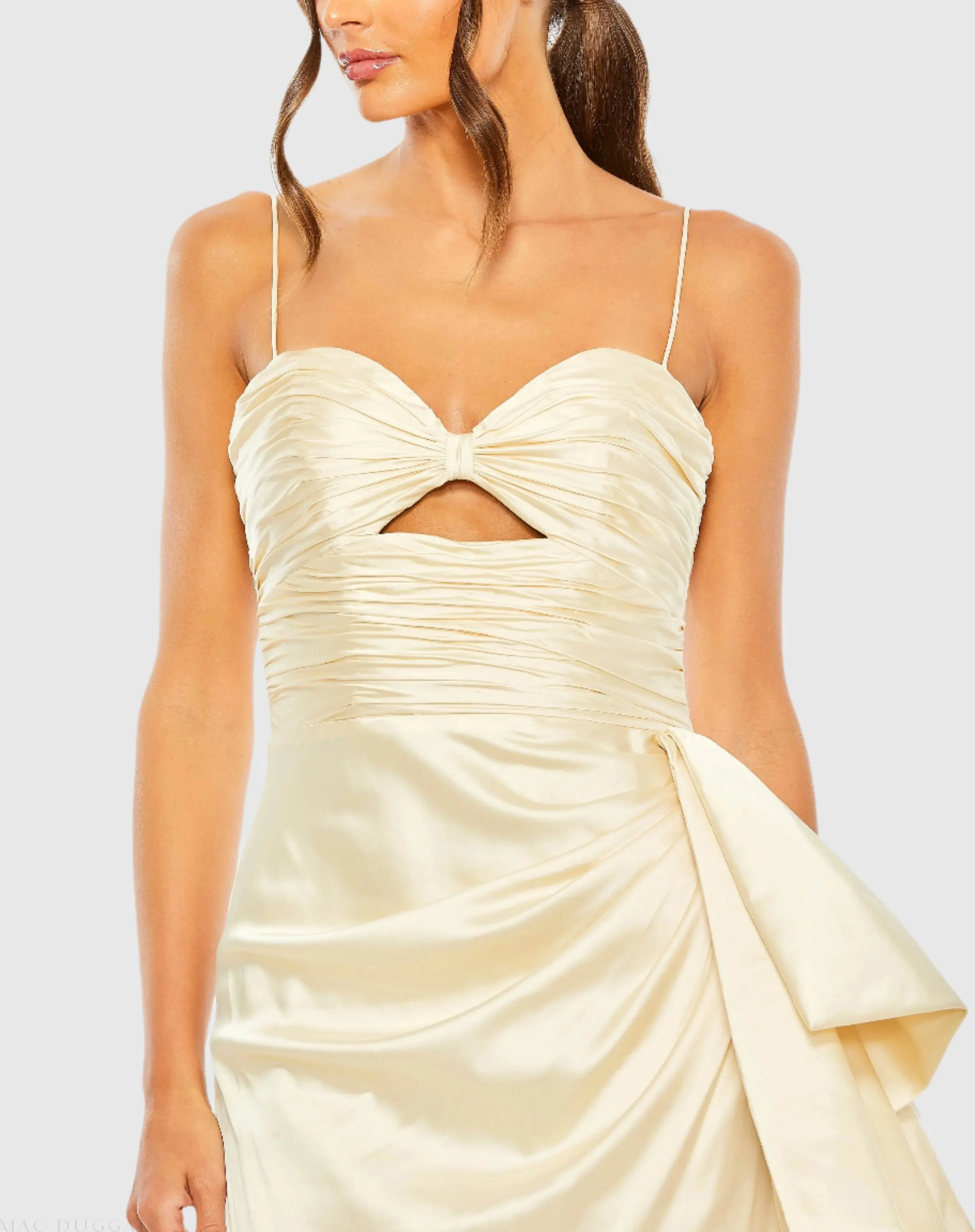 Beige Spaghetti Strap Cut Out Side Bow Gown - FINAL SALE - Image 2