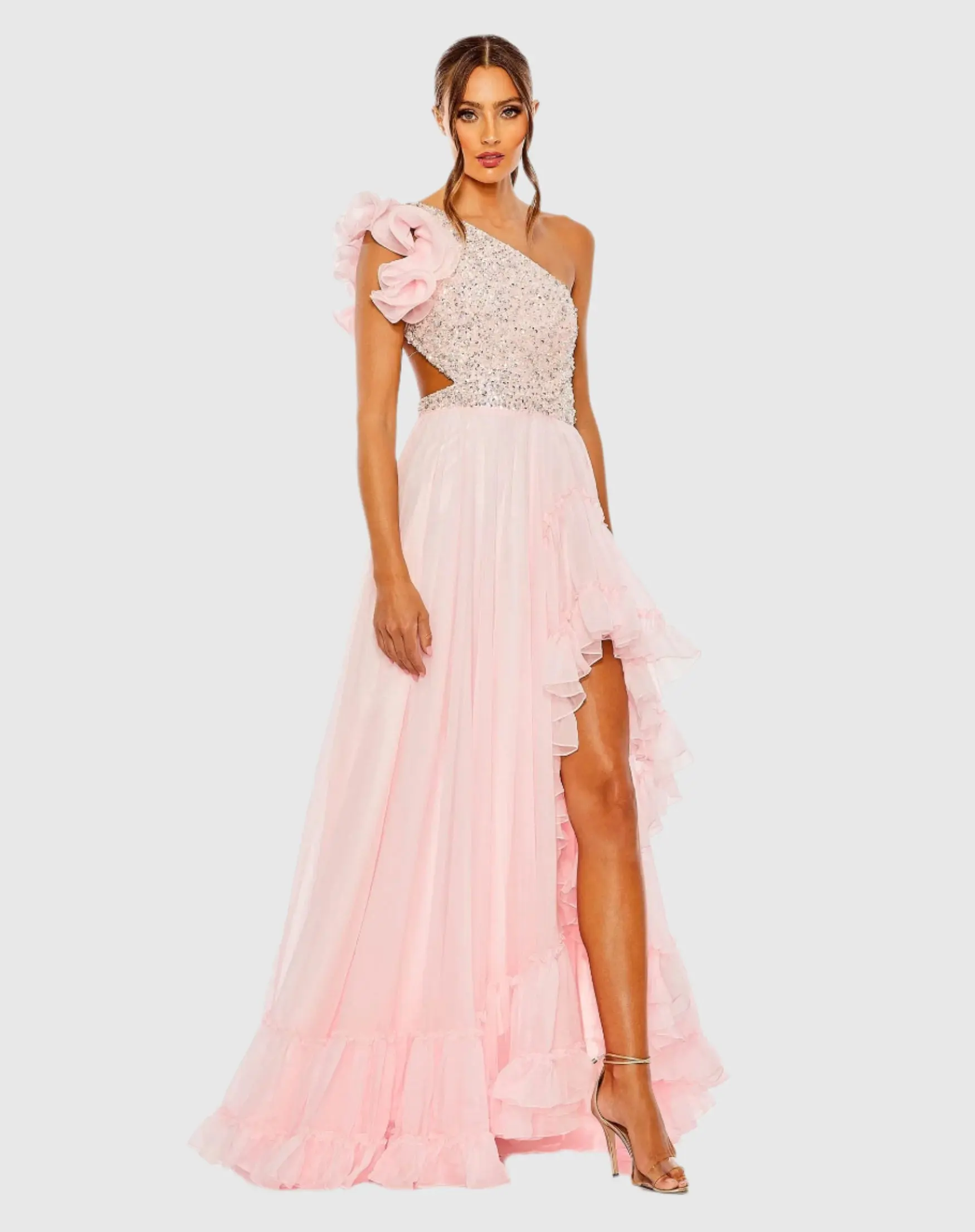 Pink Ruffled One Shoulder Embellished Lace Up Gown - FINAL SALE