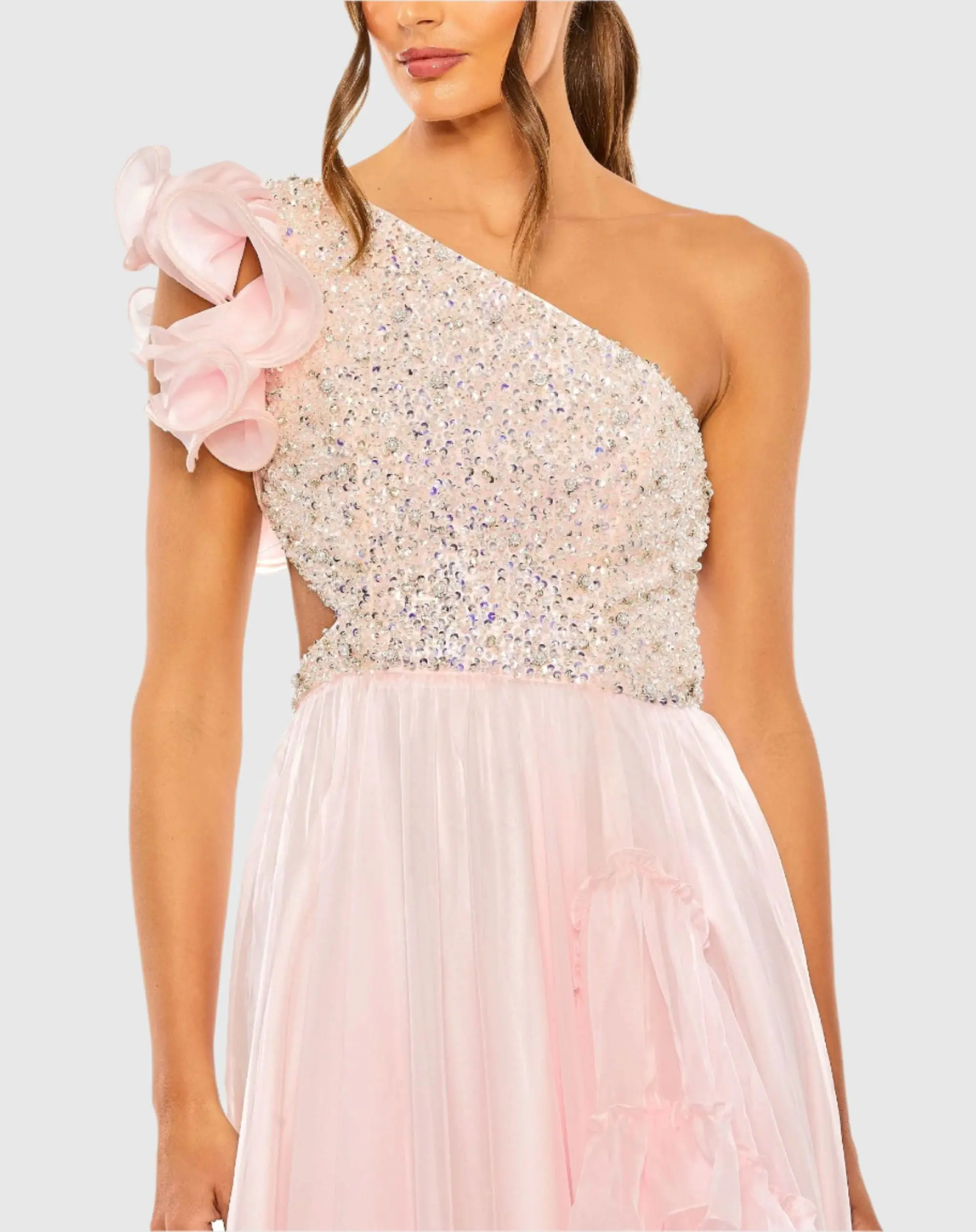 Pink Ruffled One Shoulder Embellished Lace Up Gown - FINAL SALE - Image 2