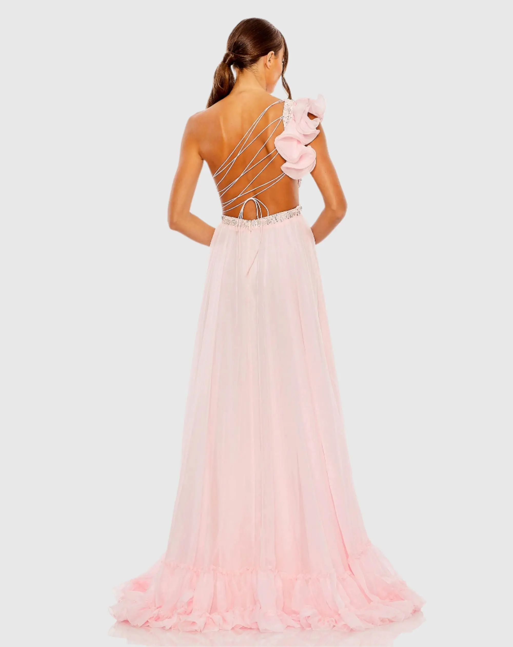 Pink Ruffled One Shoulder Embellished Lace Up Gown - FINAL SALE - Image 3