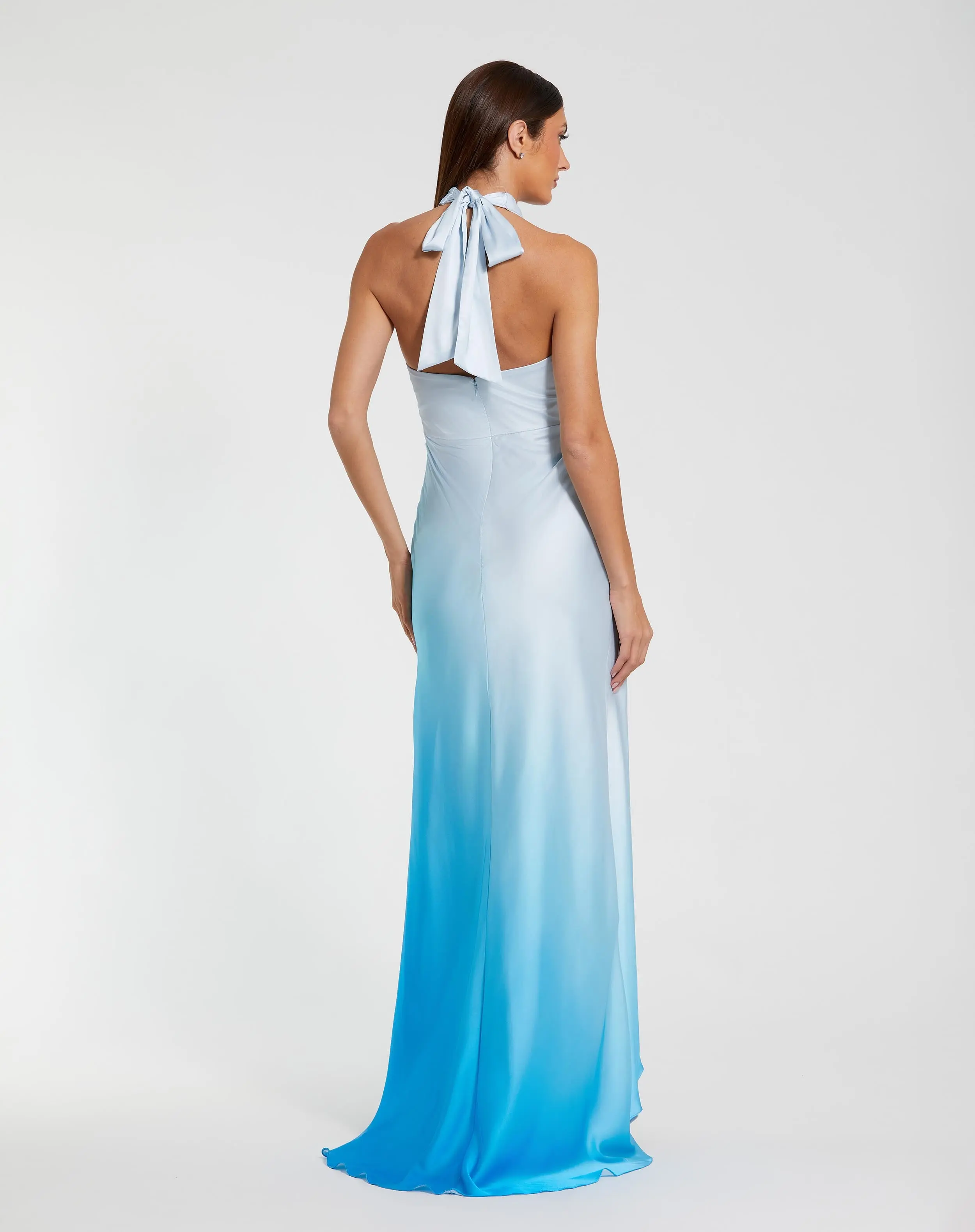 Blue Charmeuse Tie Halter Neck Ombre Gown - Image 3