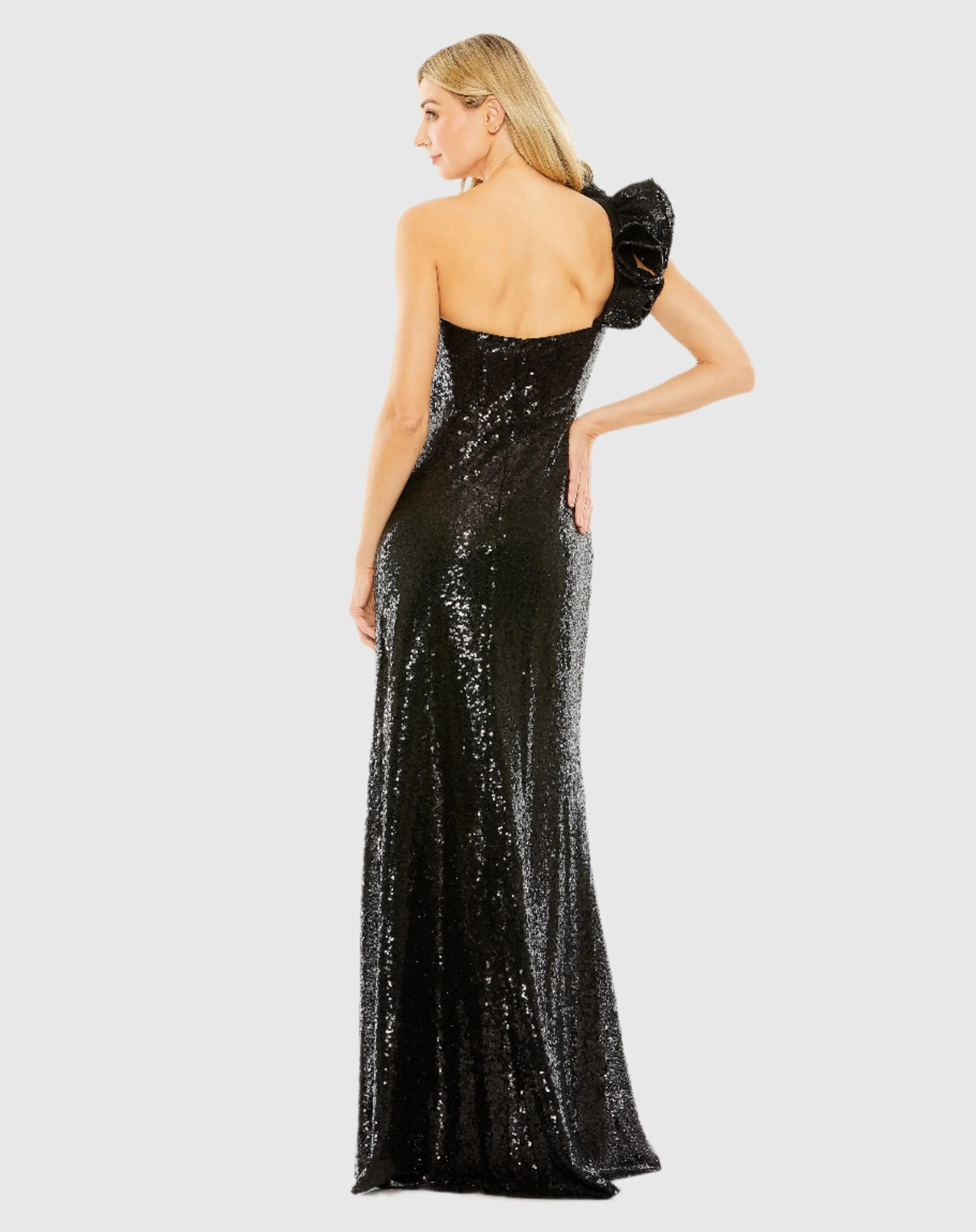 Black Sequin Ruffled One Shoulder Gown - Image 3