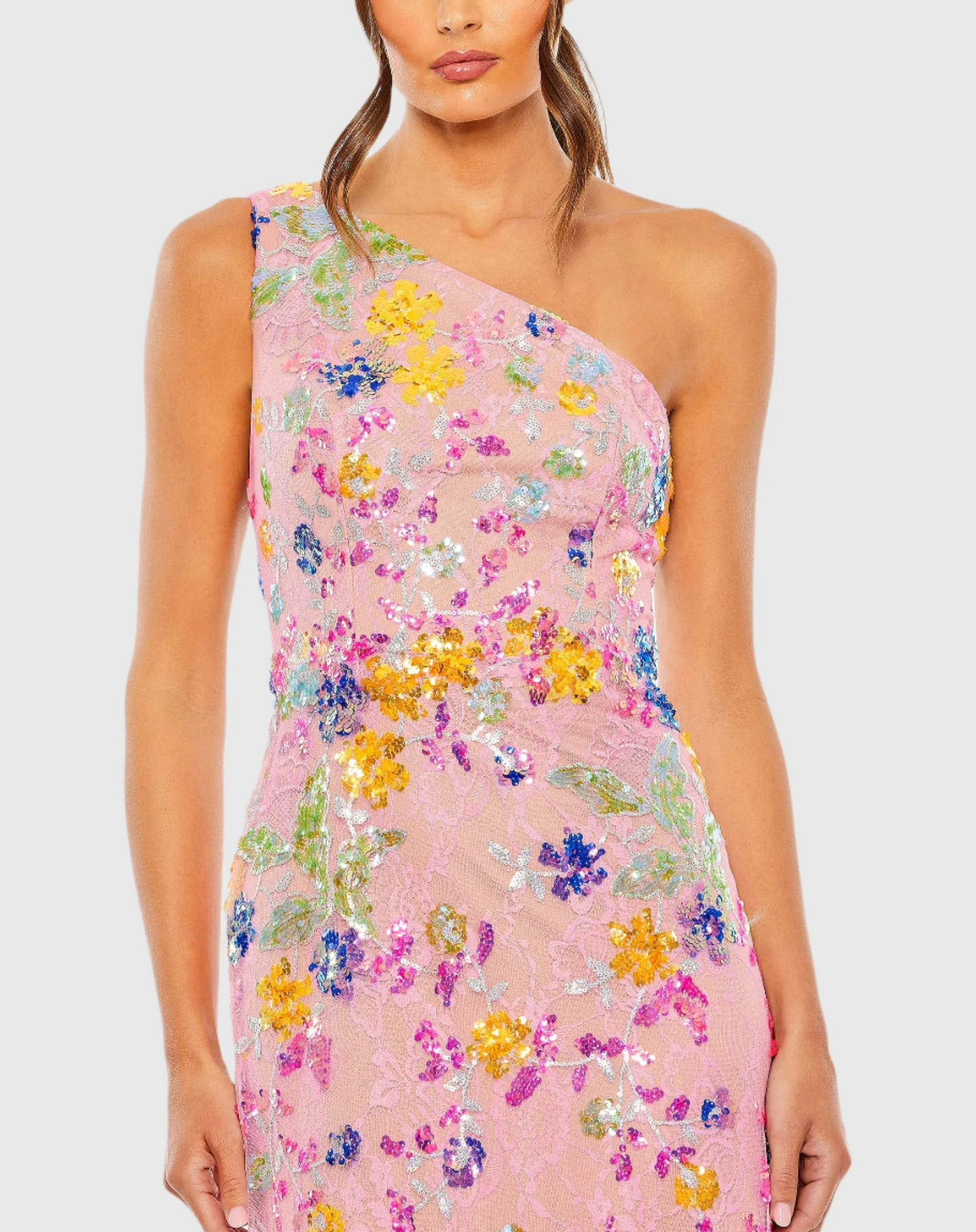 Pink Multicolor One Shoulder Floral Sequin Lace Up Gown - Image 2