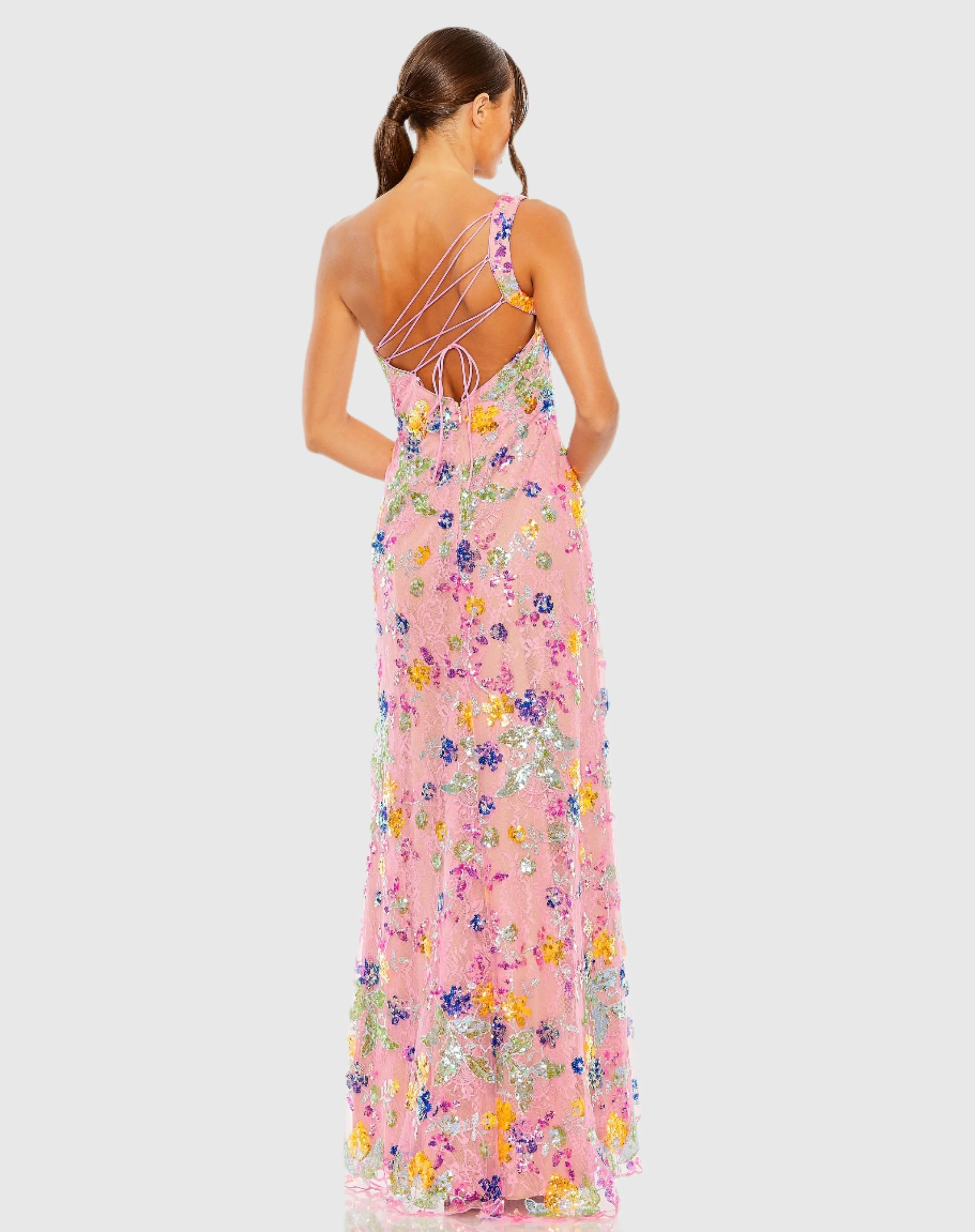 Pink Multicolor One Shoulder Floral Sequin Lace Up Gown - Image 3