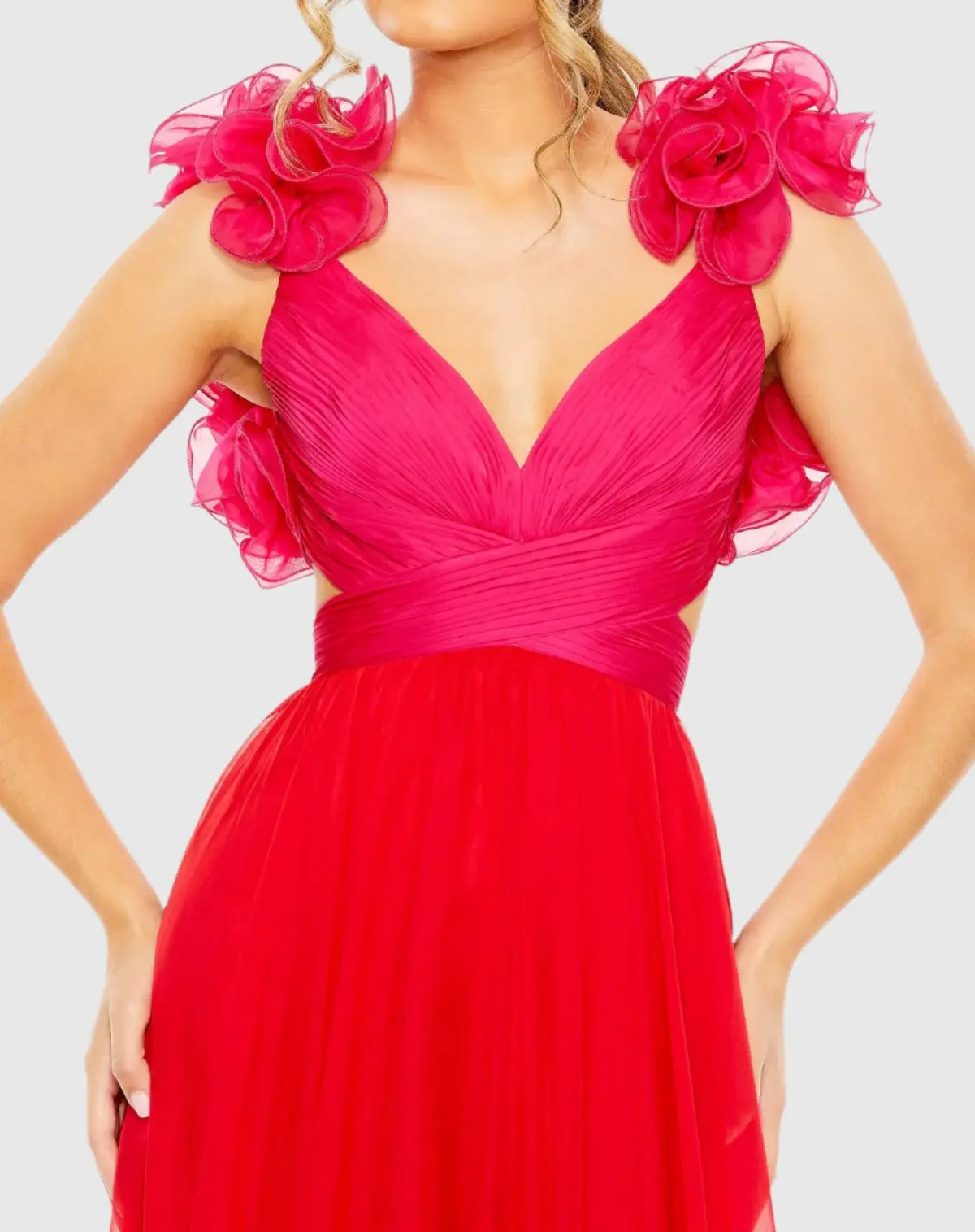 Pink and Red Ruffle Tiered Cut Out Lace Up Chiffon Gown - Image 2