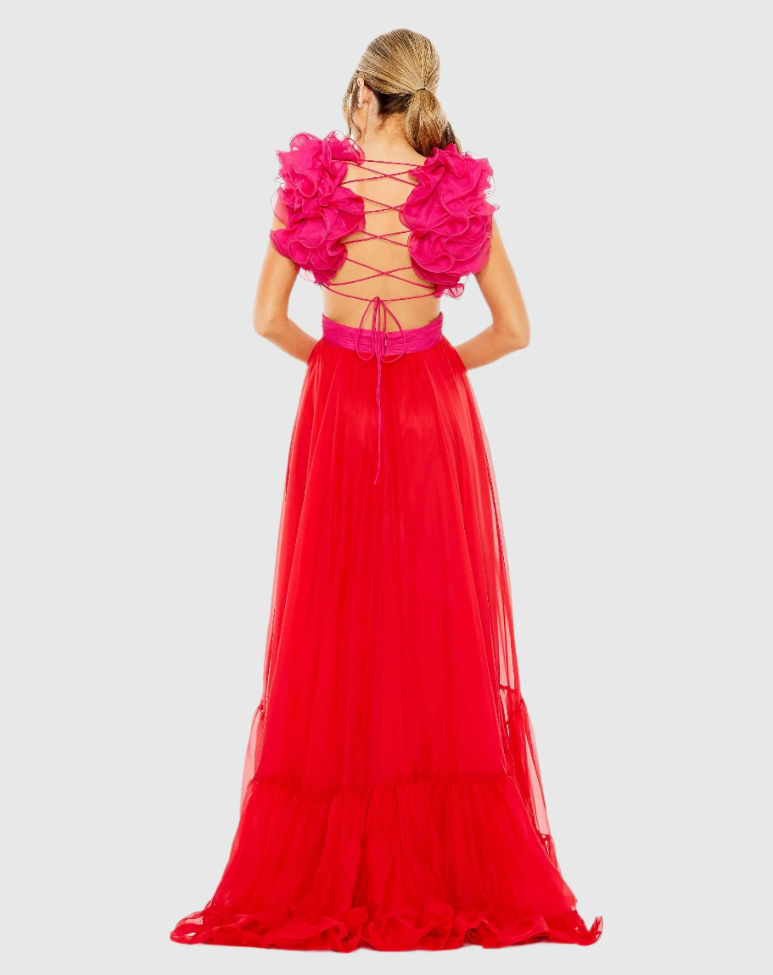 Pink and Red Ruffle Tiered Cut Out Lace Up Chiffon Gown - Image 3
