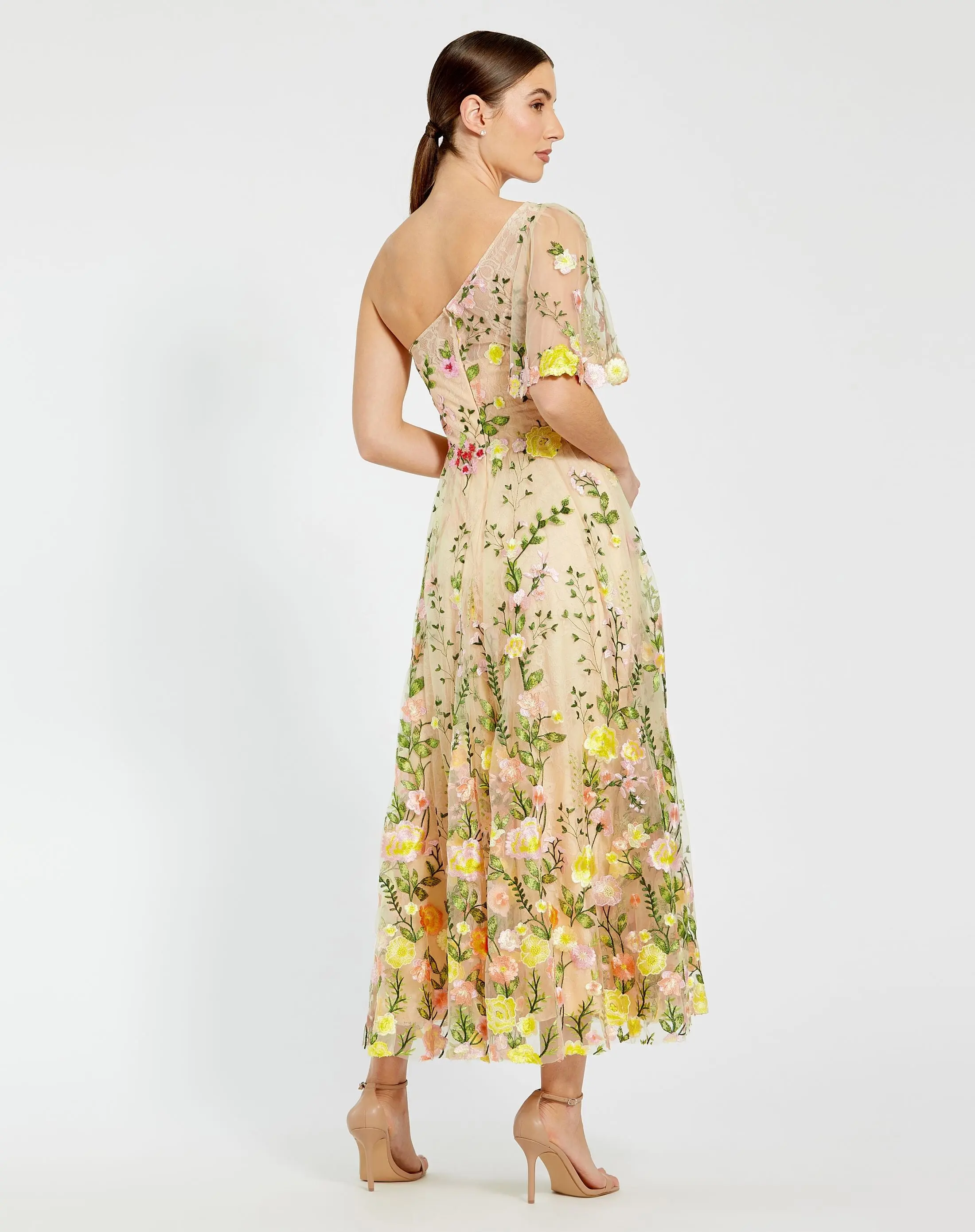 Yellow One Shoulder Lace Embroidered Dress - Image 3