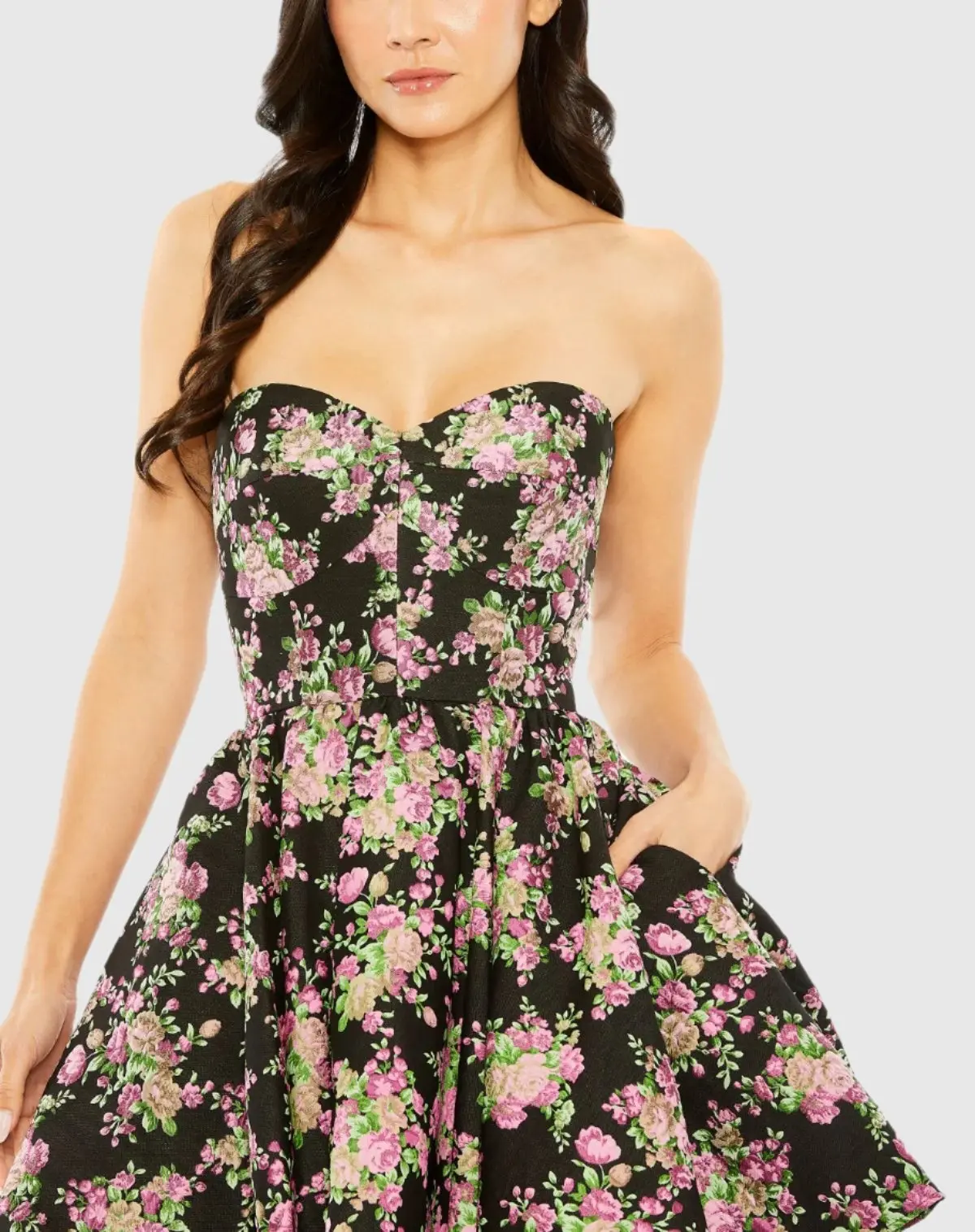 Black Strapless Brocade Mini Dress - Image 2