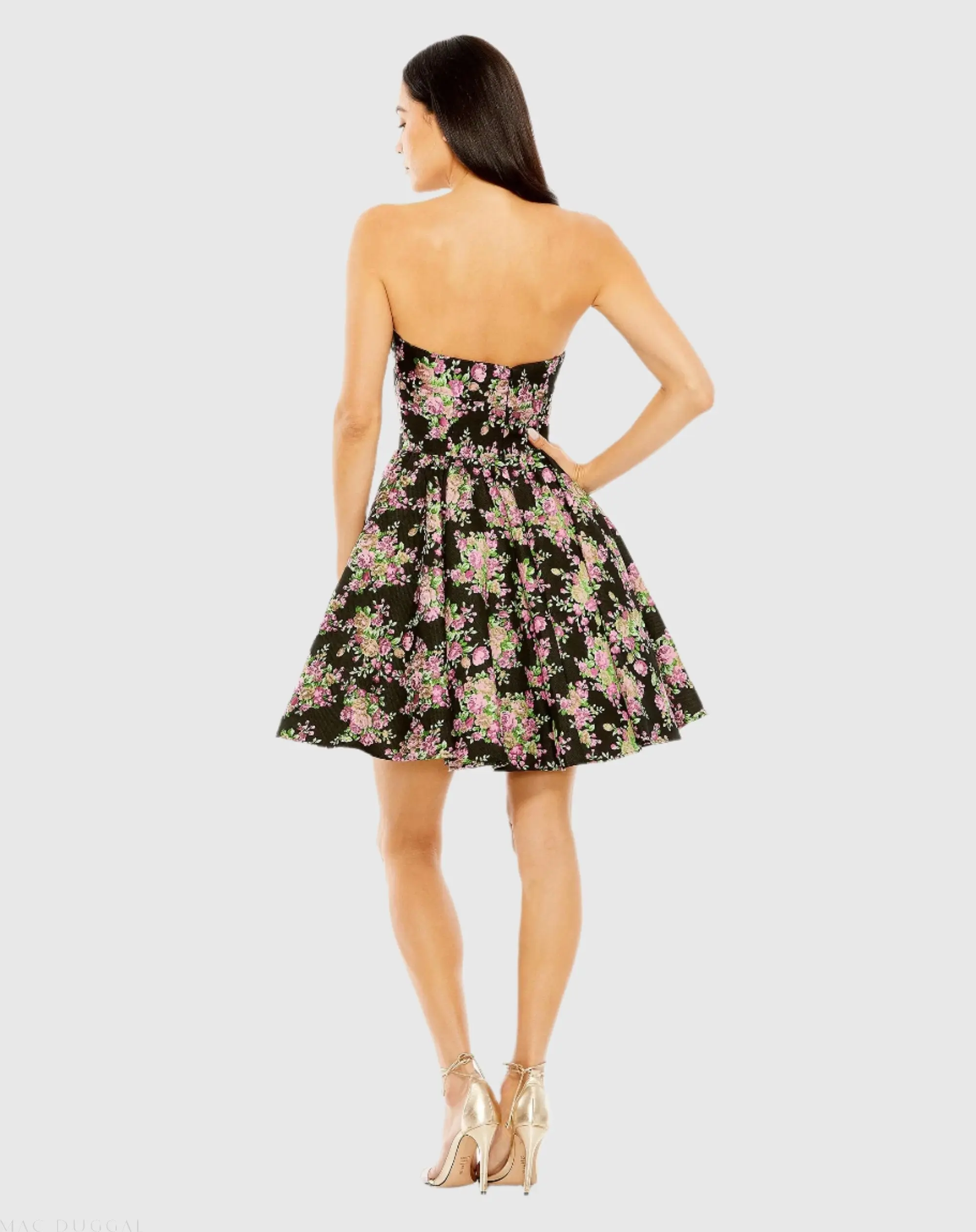 Black Strapless Brocade Mini Dress - Image 3