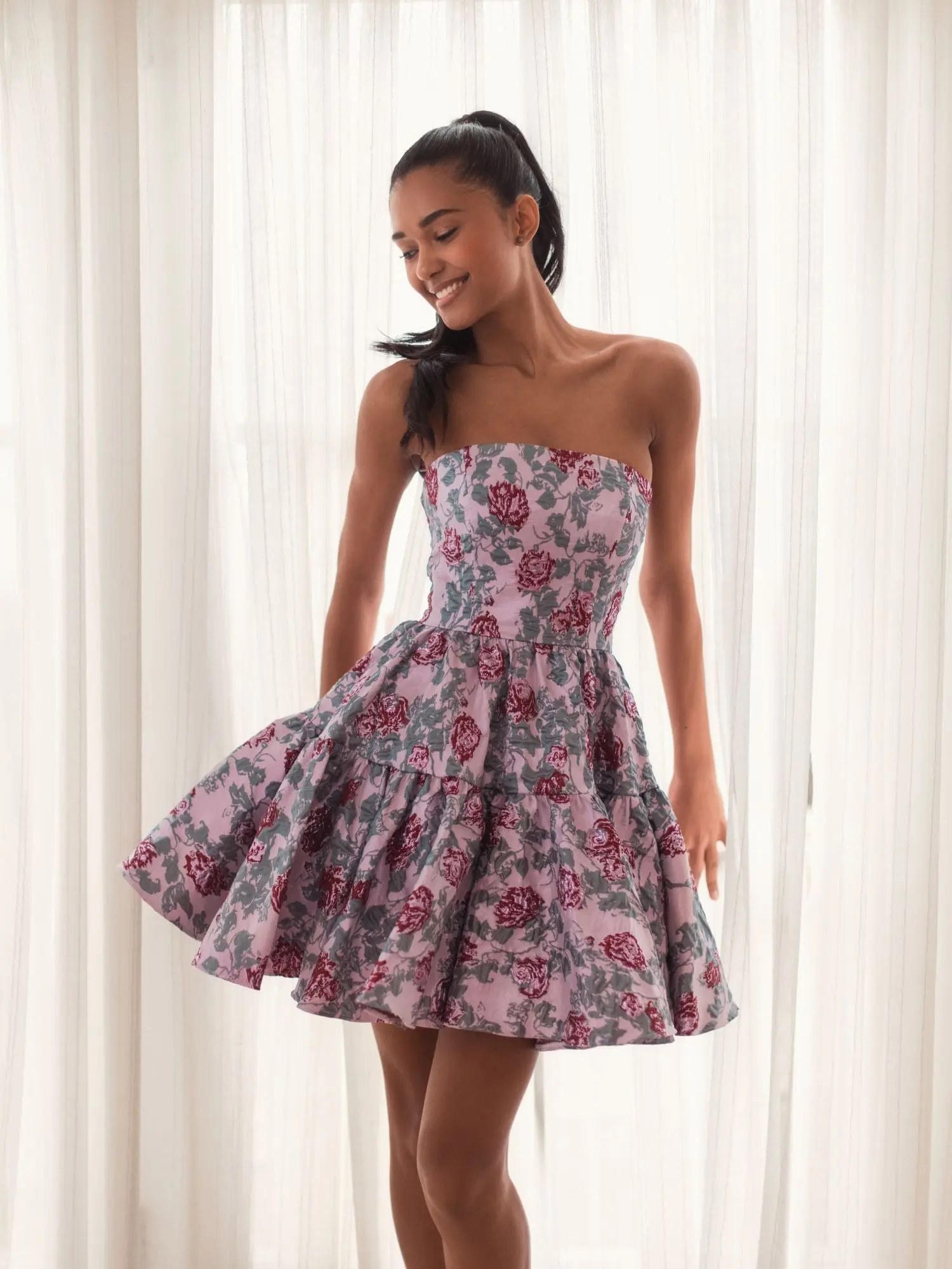 Pink Strapless Brocade Mini Dress - Image 5