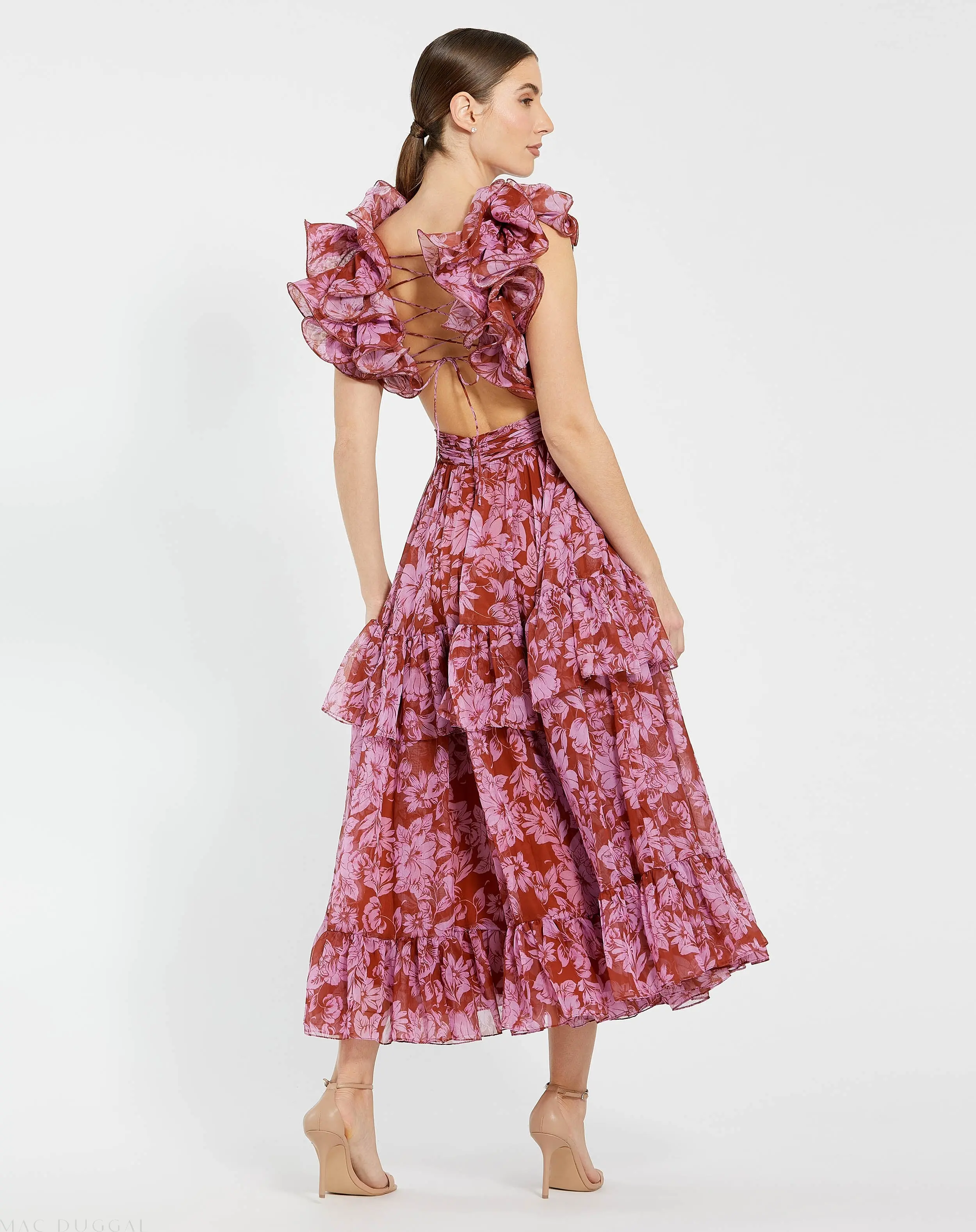 Red and Pink Ruffle Tiered Cut-Out Chiffon Midi Dress - Image 3