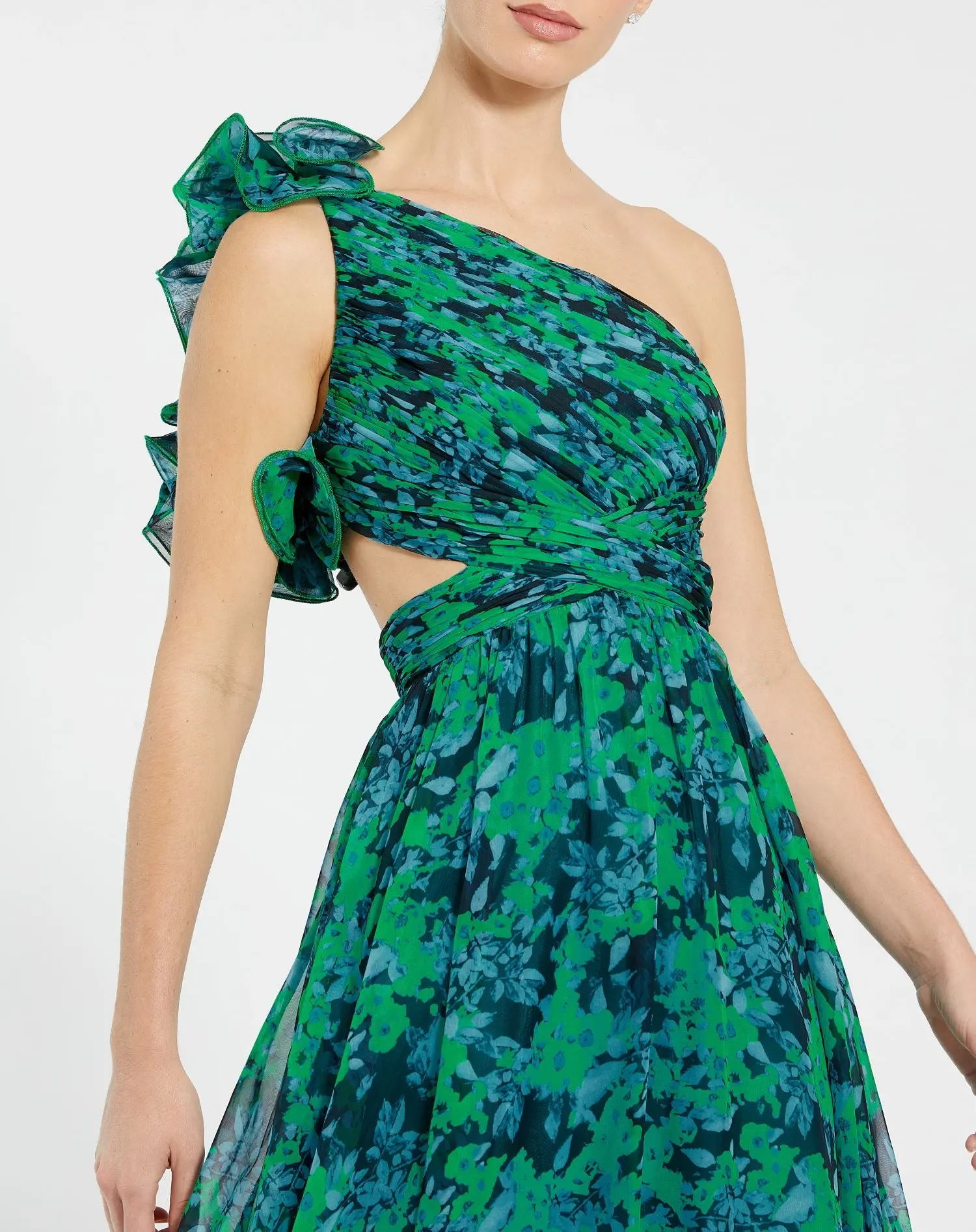 Green One Shoulder Ruffle Tiered Cut-Out Chiffon Gown - Image 2