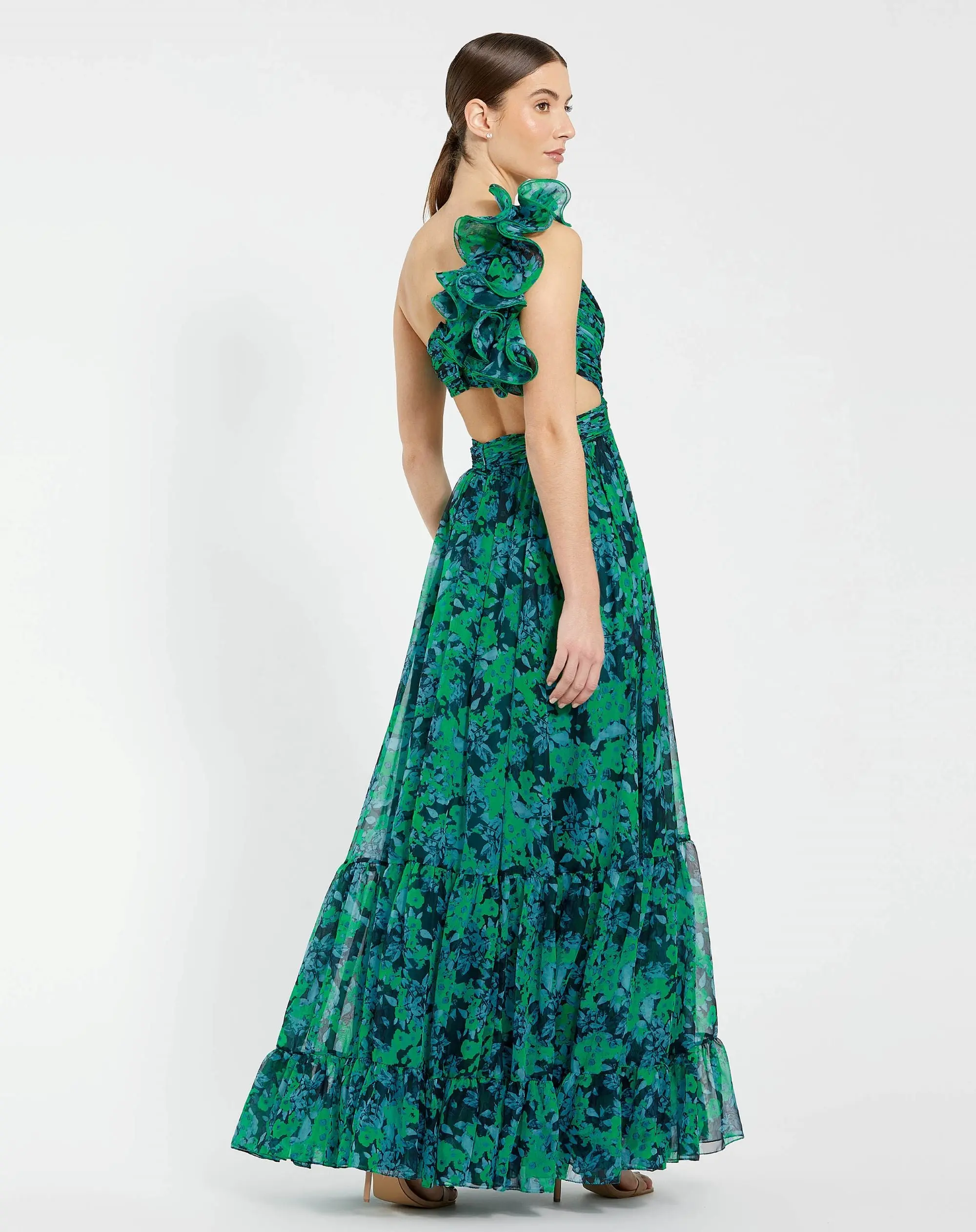 Green One Shoulder Ruffle Tiered Cut-Out Chiffon Gown - Image 3