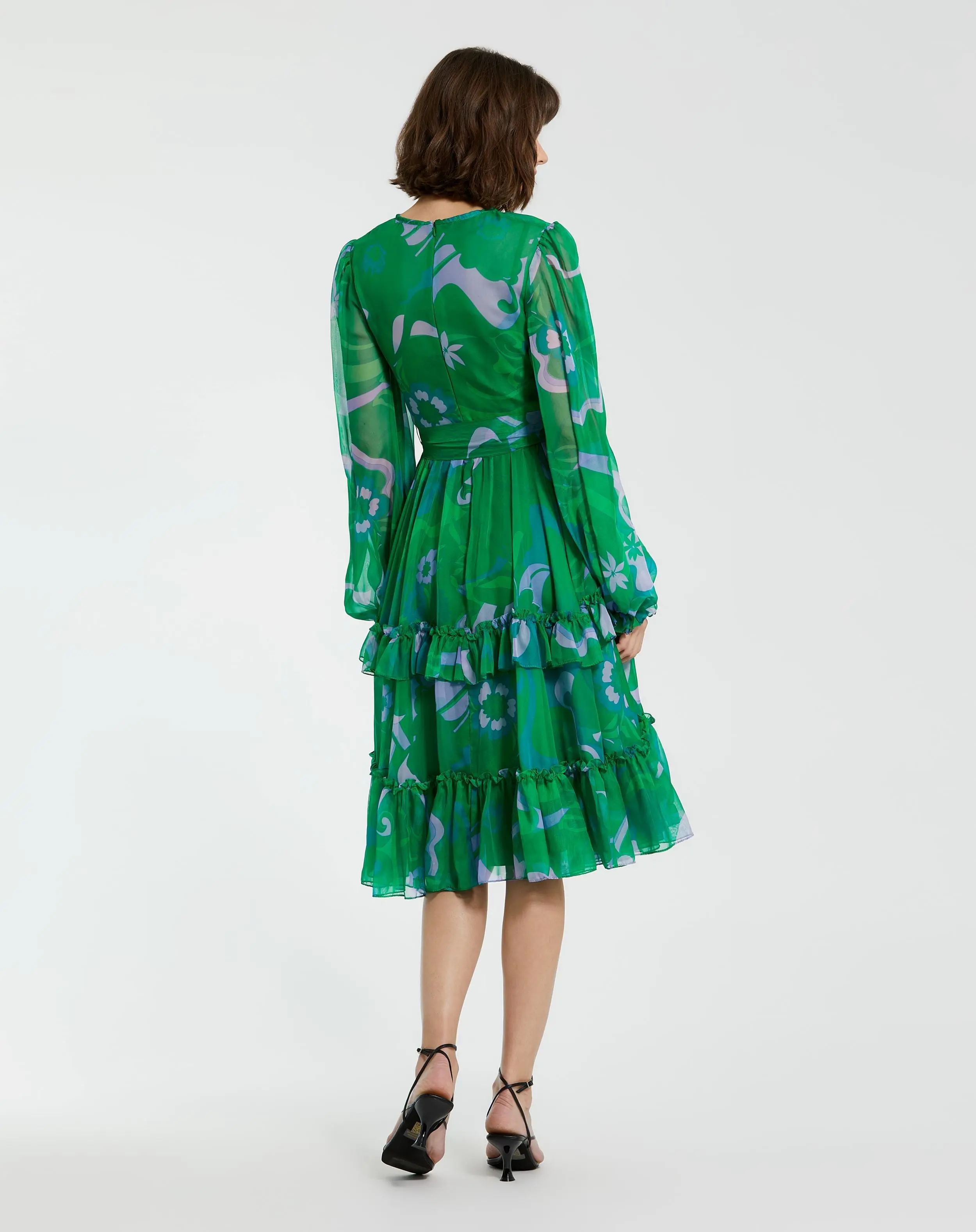 Green Printed Chiffon Bishop Sleeve Tie Waisted Ruffle Midi Dress - Image 4