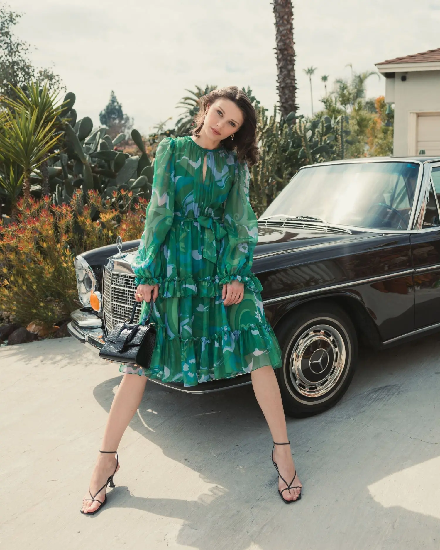 Green Printed Chiffon Bishop Sleeve Tie Waisted Ruffle Midi Dress - Image 7