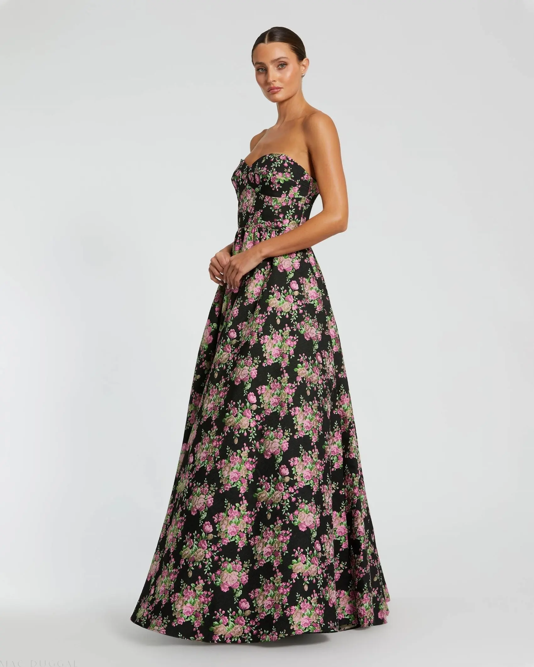 Black Strapless Sweetheart Brocade Floral Ballgown - Image 3