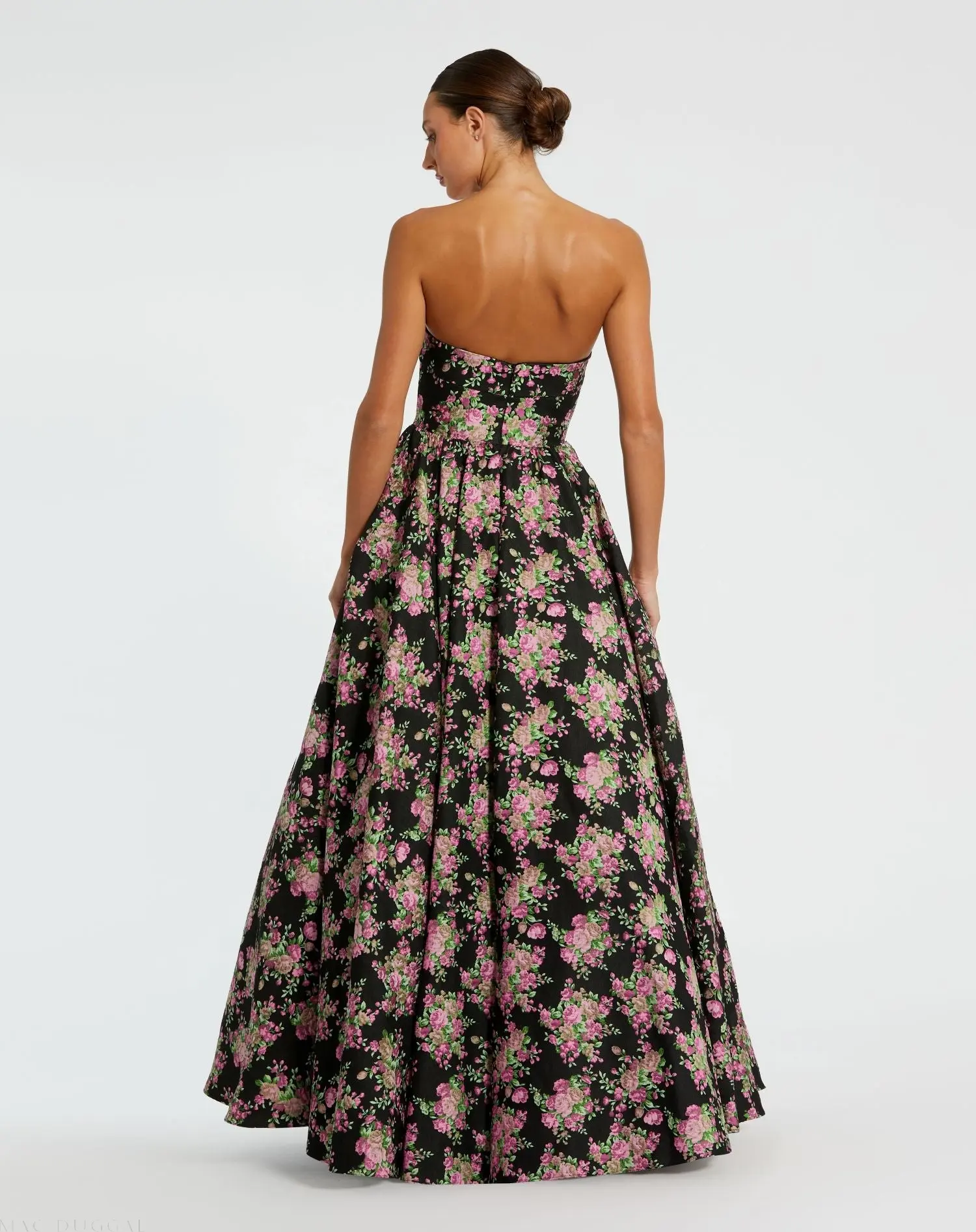 Black Strapless Sweetheart Brocade Floral Ballgown - Image 4