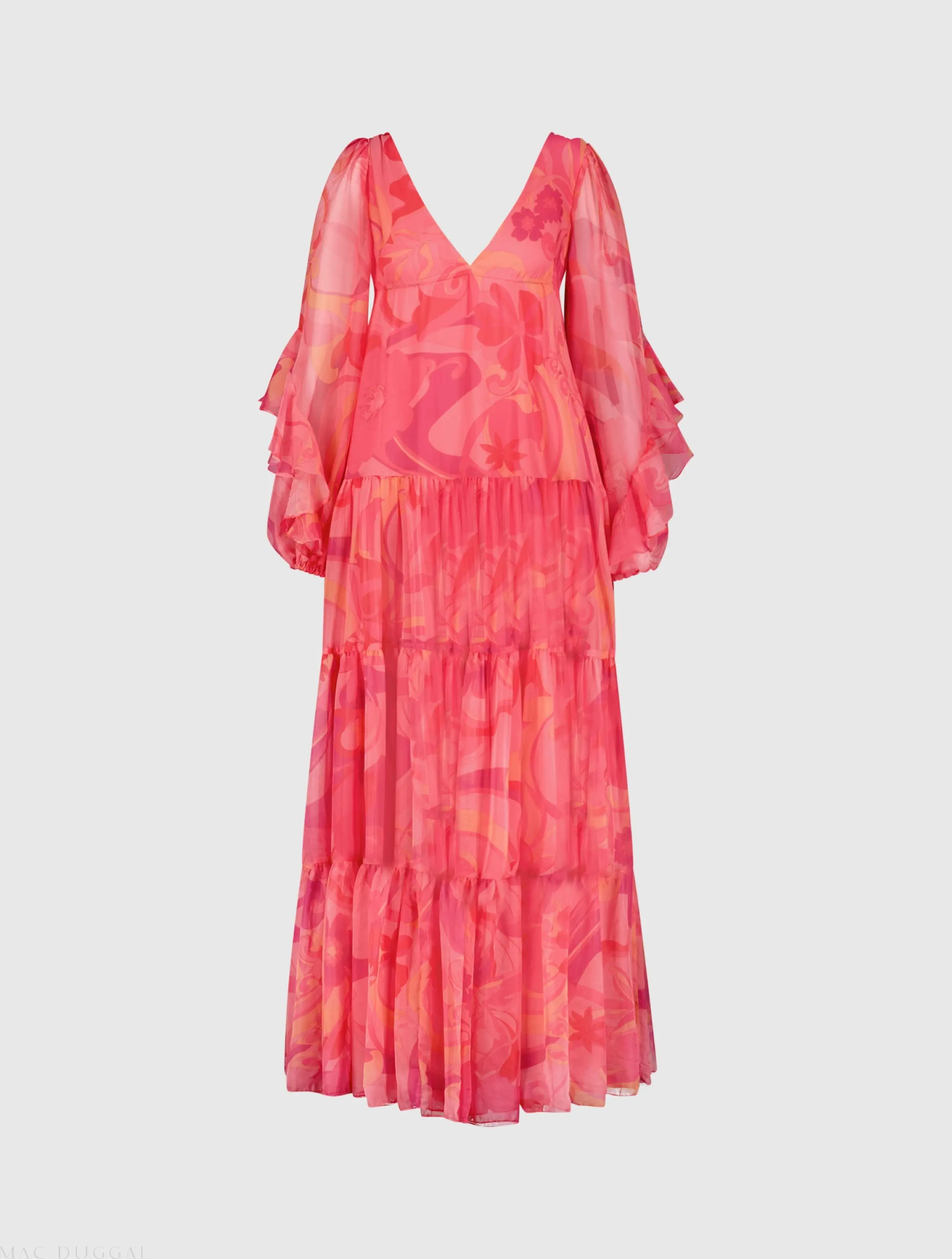 Pink Hibiscus Printed Chiffon Ruffle Long Sleeve V Neck Maxi Dress - Image 2