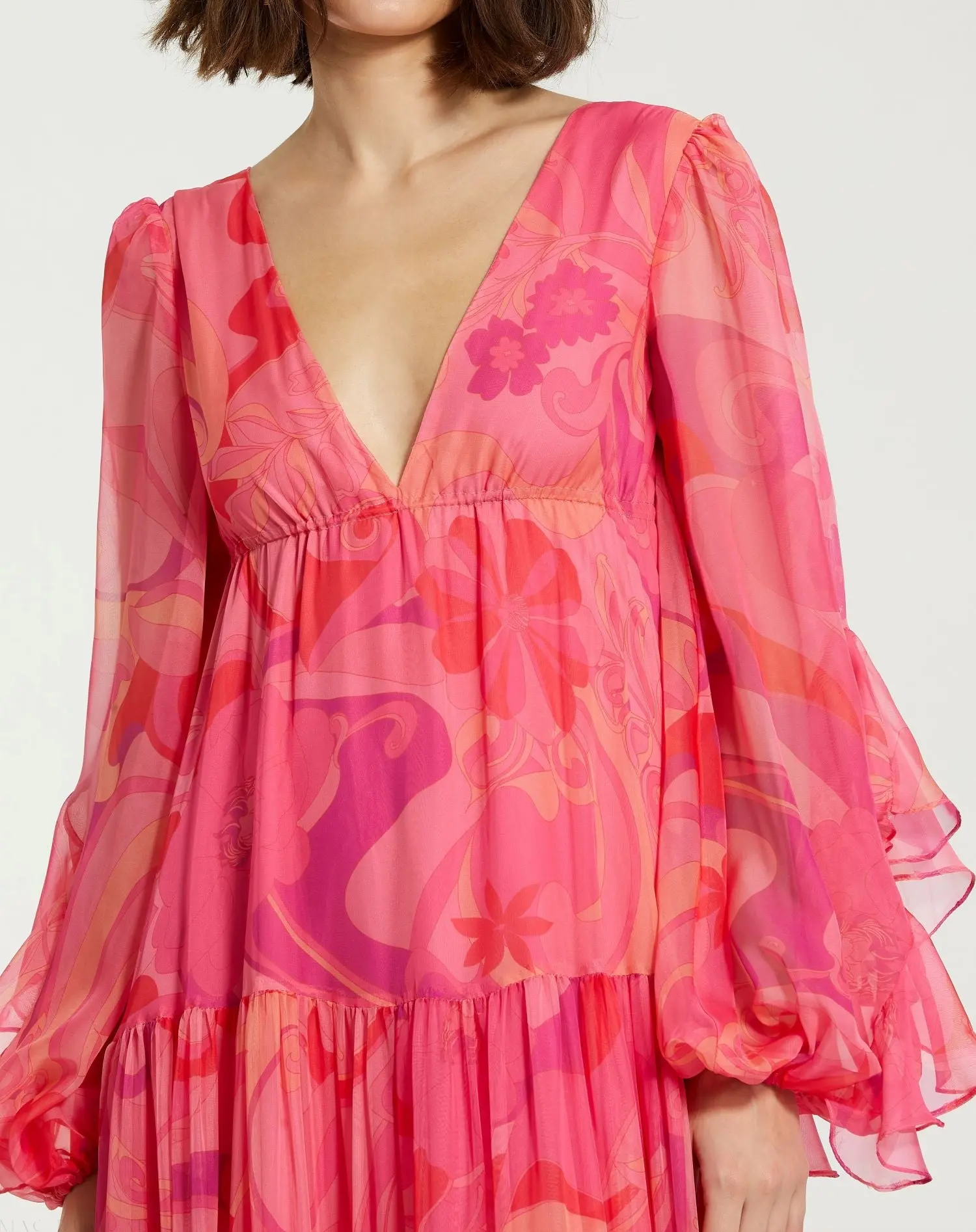 Pink Hibiscus Printed Chiffon Ruffle Long Sleeve V Neck Maxi Dress - Image 3
