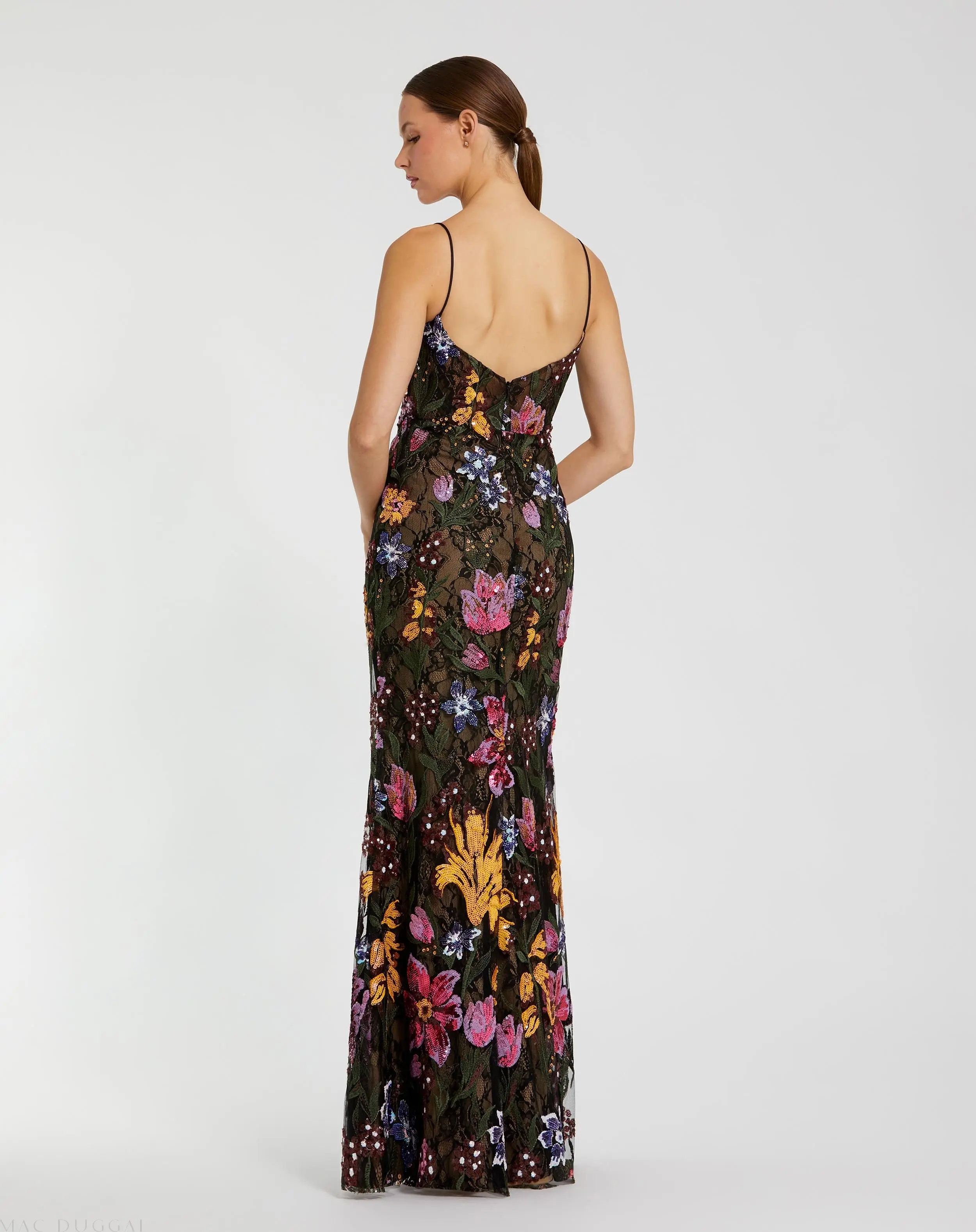 Black Multicolor Floral Embroidered Trumpet Gown - Image 3