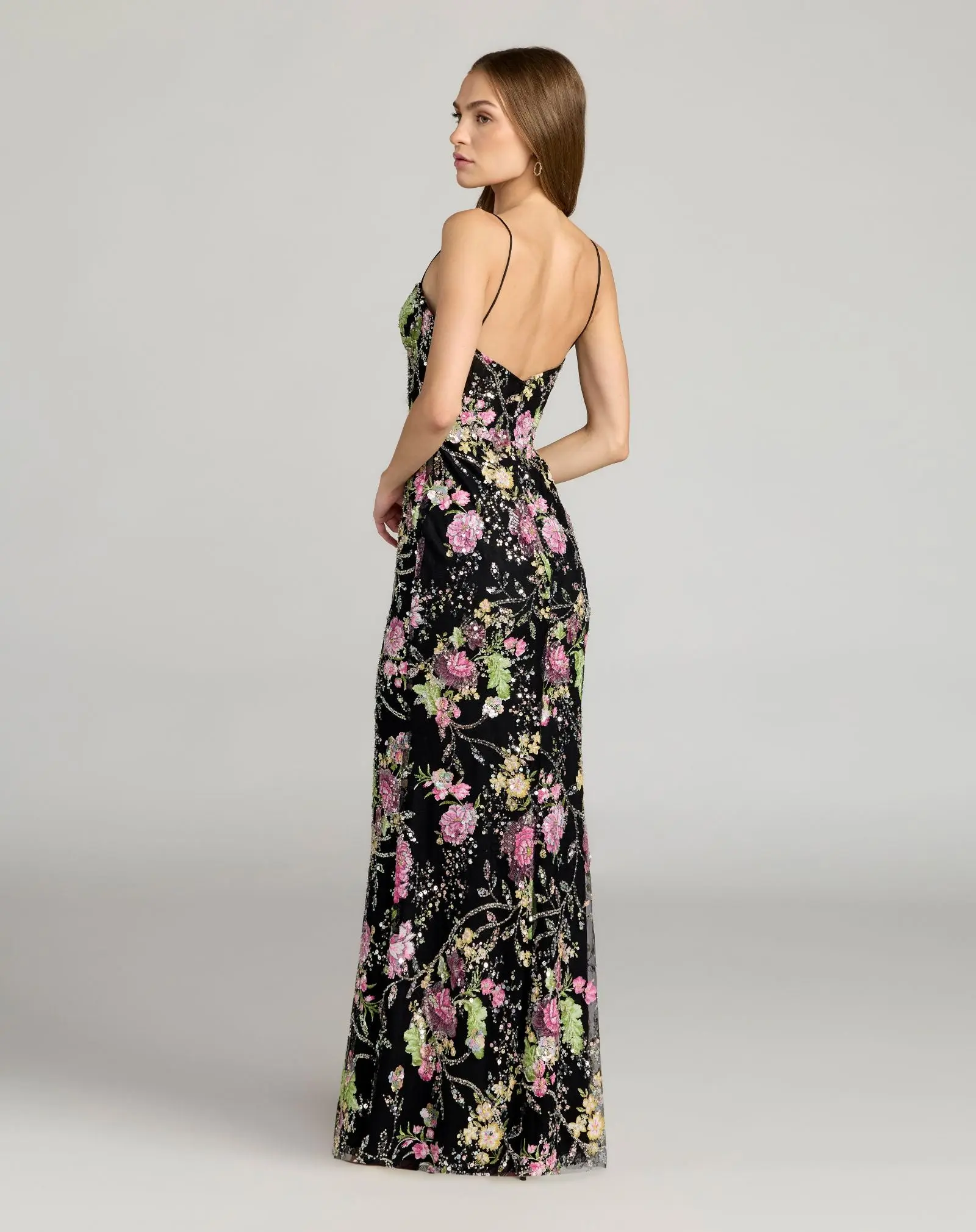 Black Embellished Bustier Floral Trumpet Gown - Image 3