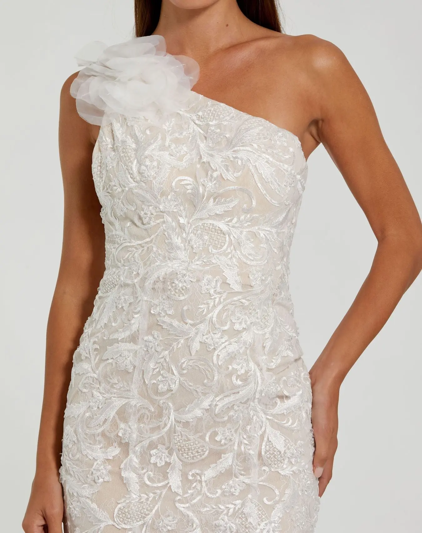 White Beaded Strappy One Shoulder Petal Mermaid Gown - Image 2