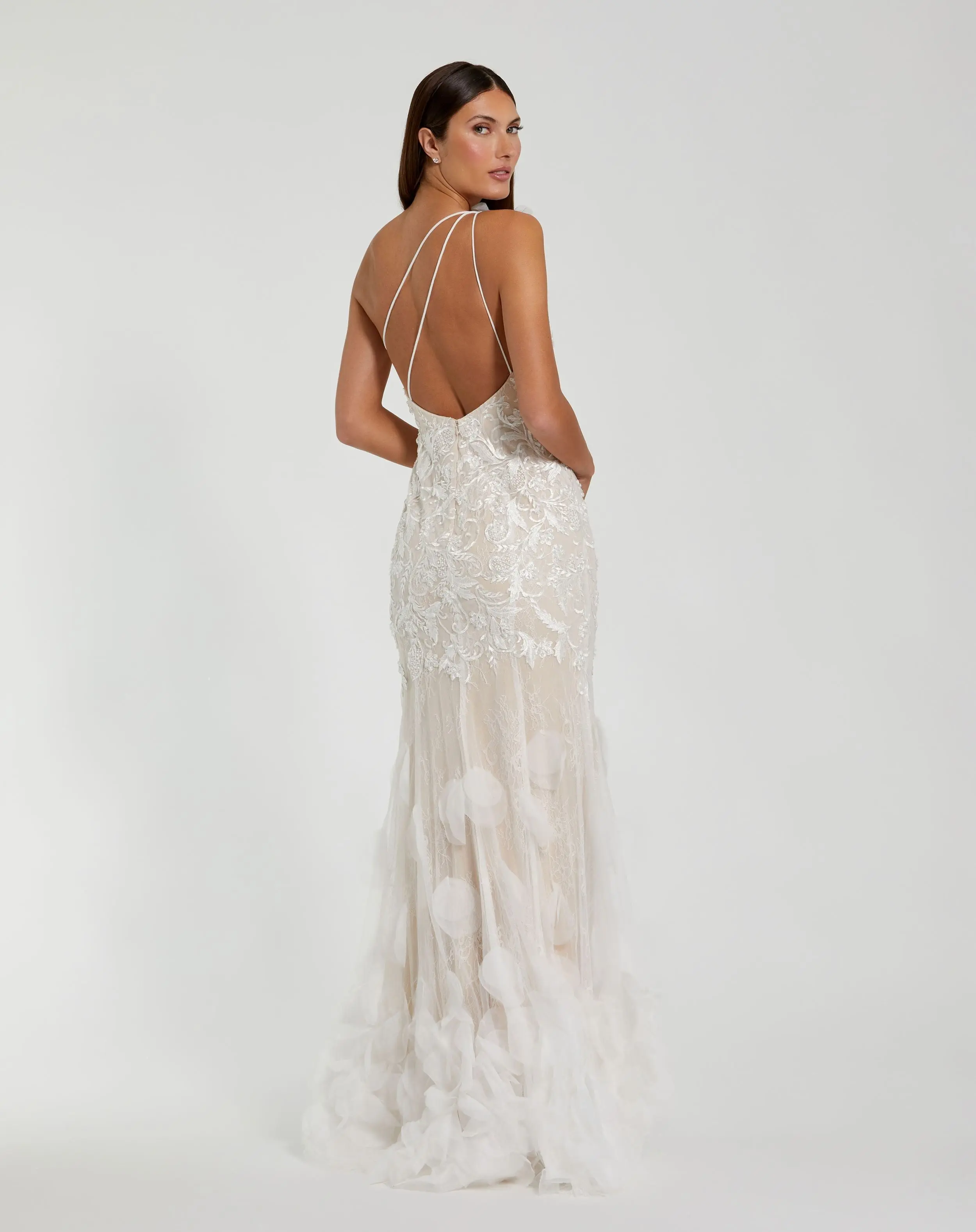 White Beaded Strappy One Shoulder Petal Mermaid Gown - Image 3