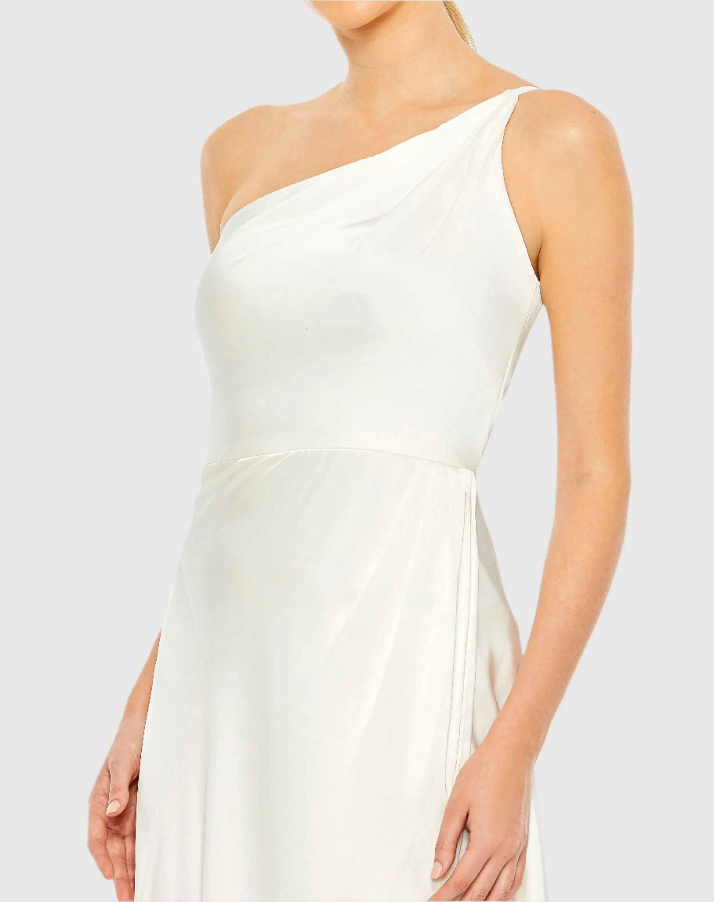 White One Shoulder Hi-Low Draped Charmeuse Dress - FINAL SALE - Image 2