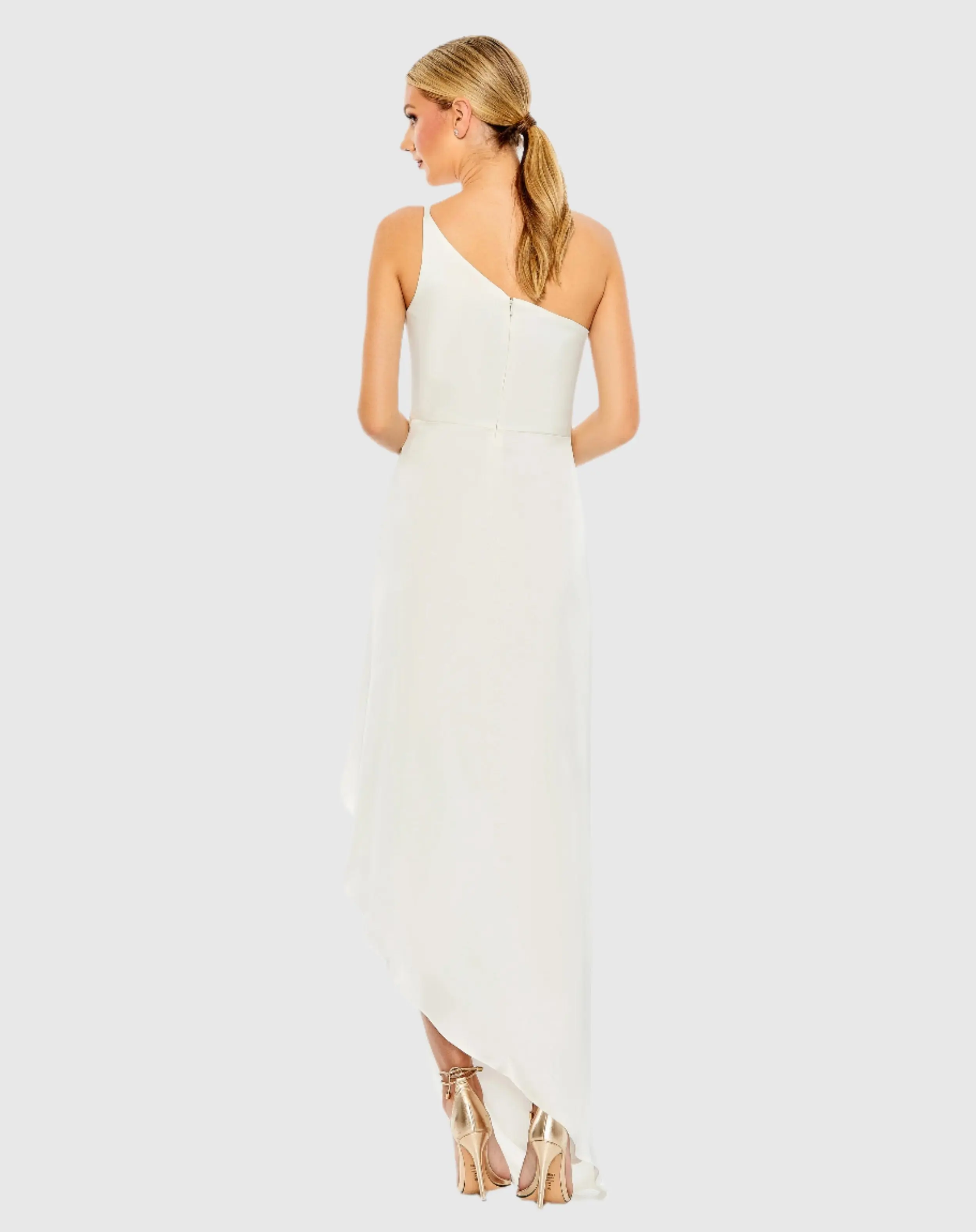 White One Shoulder Hi-Low Draped Charmeuse Dress - FINAL SALE - Image 3