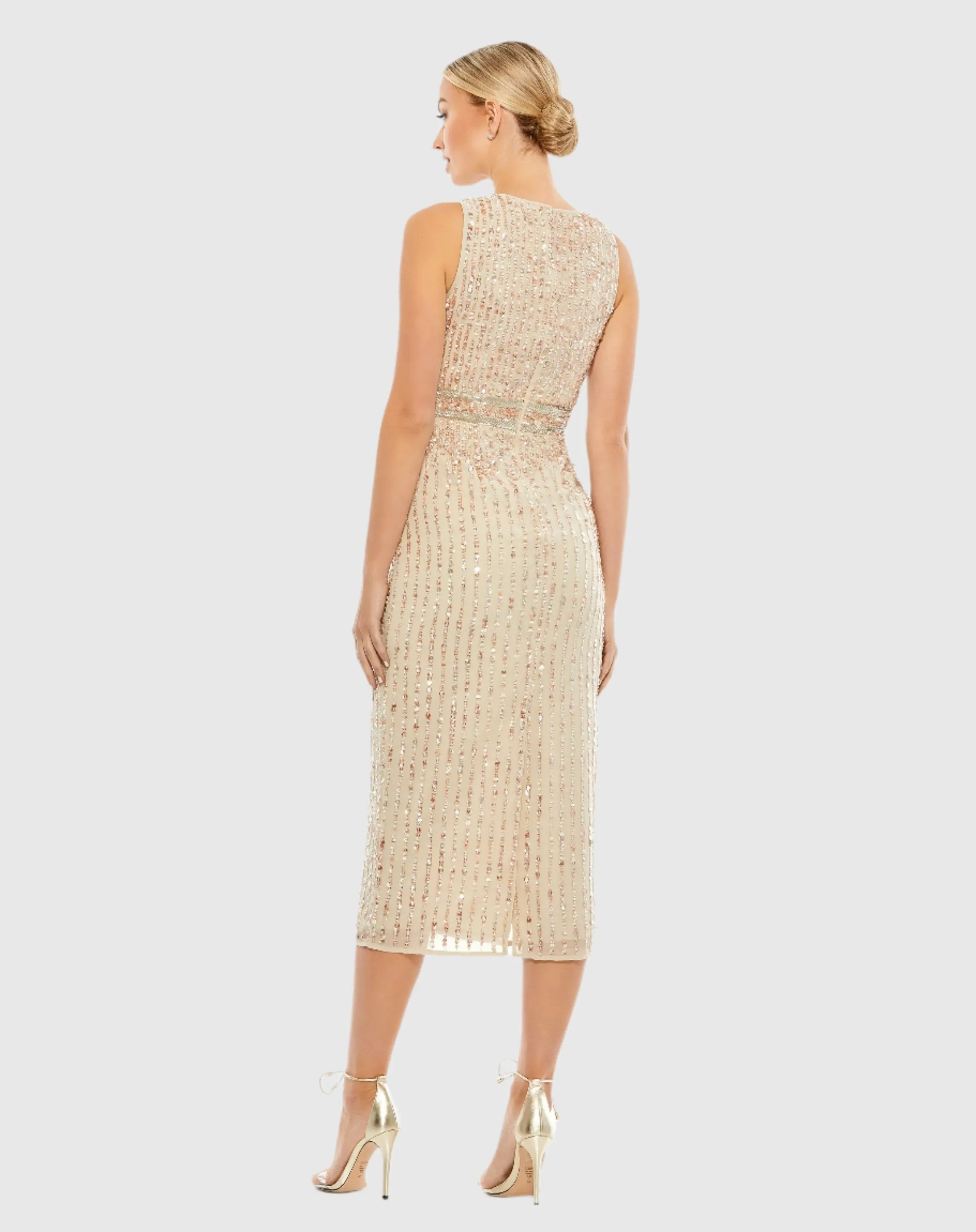 Beige Sequined Sleeveless V-Neck Midi Sheath Dress - FINAL SALE - Image 3